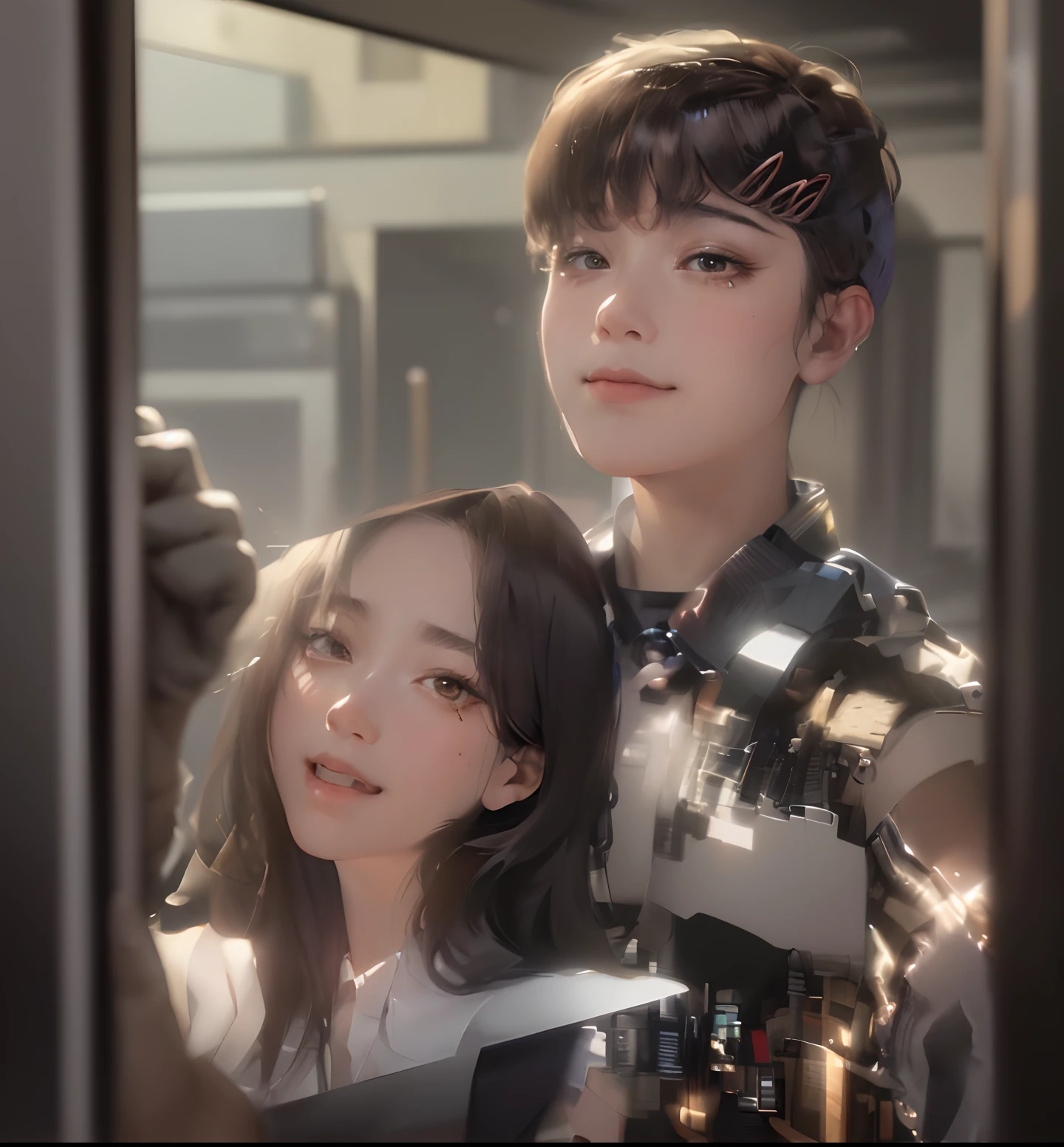 masterpiece, best quality, ultra-detailed, illustration, epic lighting, cinematic composition, isometric, 1girl, solo, cute, brown eyes, black hair, swept bangs, single sidelock, red hairclip, white collared shirt, black necktie, black pants, formal, enchanting gaze, captivating pose, indoors, office, door, opening door, looking at viewer, peeking out upper body, blush, seductive smile, closed mouth,(8k:1.1),