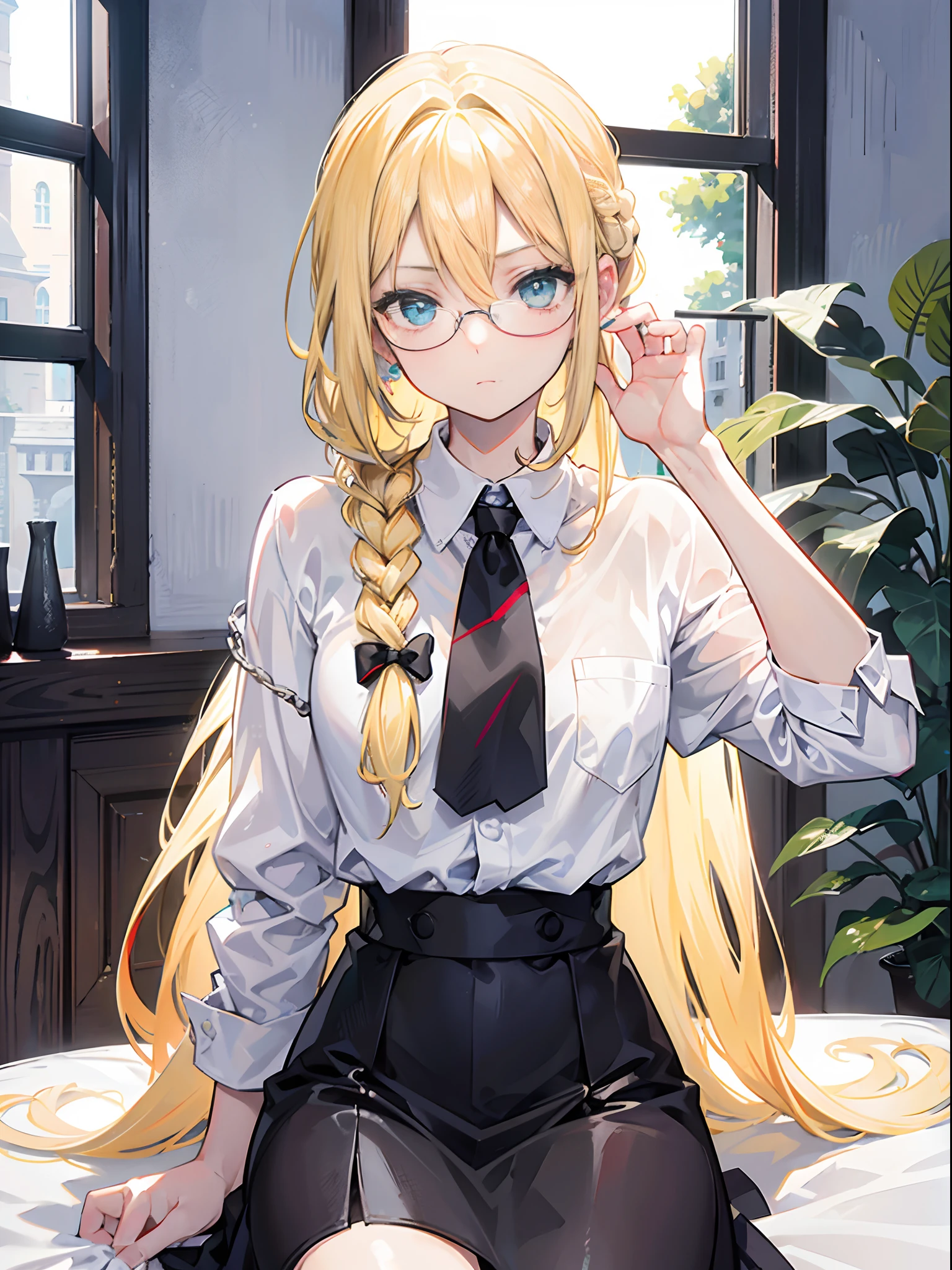 18-year-old blonde, Turquoise eyes, long-haired, Left Braid,.., eyeglasses.. Wear a white shirt....., Black short-sleeved shirt with window sill, With a red face.