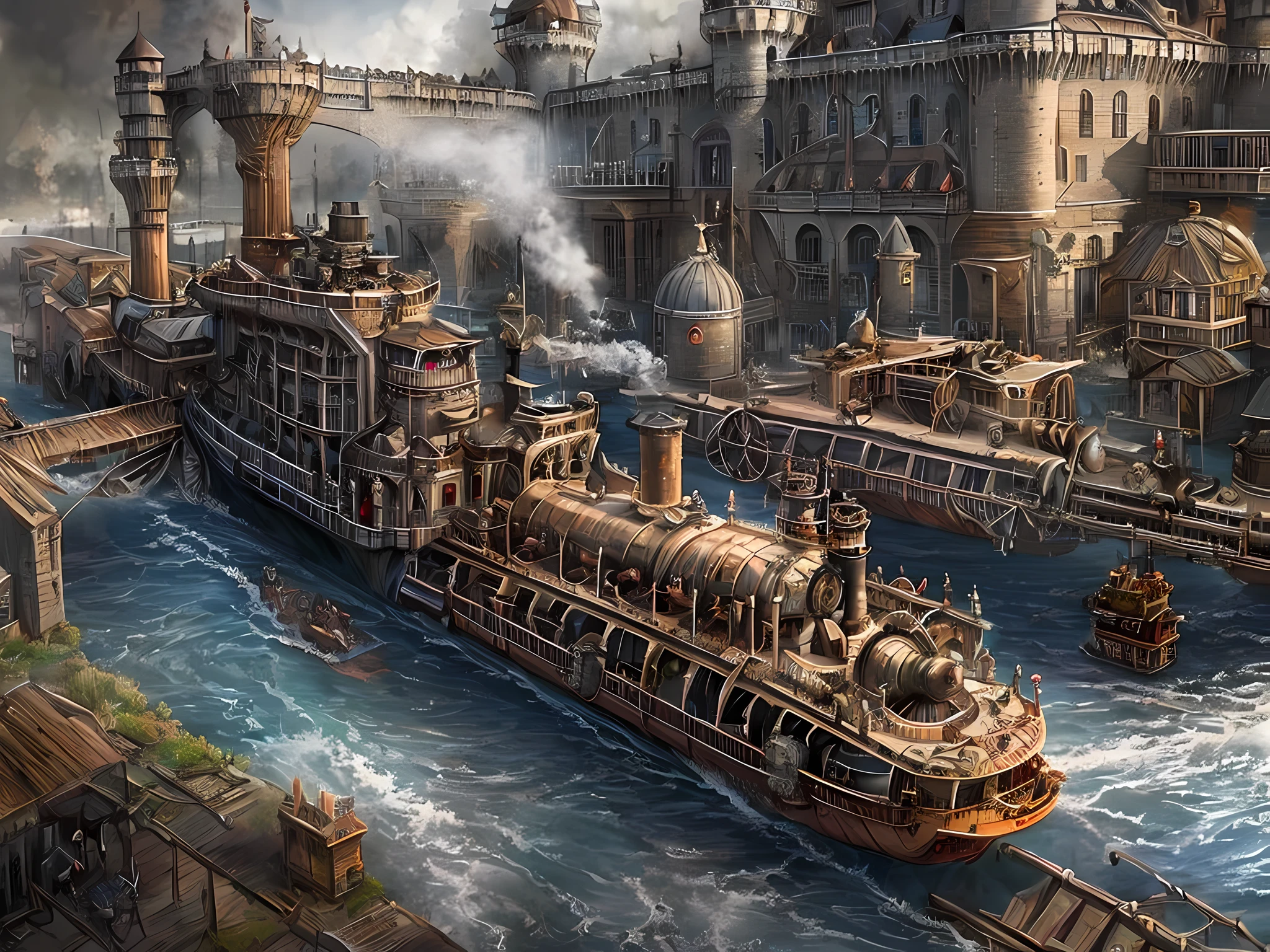 a long shot (picture: 1.3) of a steampunk castle moving on (motorized steam boat: 1.3) on the river, steampunk castle, state of the art, (military thinking, ready for combat: 1.3) with (turrets: 1.1), (towers:1.1), (bridges between towers:1.2), (big barbican:1.1), (canons on the walls: 1.3), wide ricer background, motorized steam boat,  platform, (castle on the platform:1.3) huge epic steam boat carrying the castle, photorealistic, 16k, RAW, award winning, (best detailed: 1.5), masterpiece, best quality, (ultra detailed), full body, ultra wide shot,