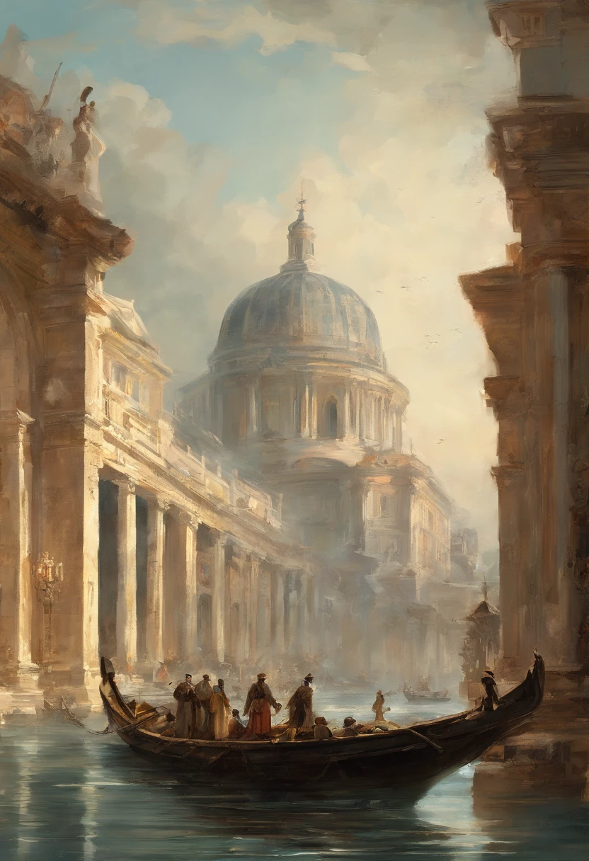 painting of a large building with a dome and a boat on the water, por Canaletto, Directed by: Gaetano Sabatini, inspirado em Canaletto, by Eugène Brands, inspirado em Giovanni Paolo Pannini, por Adolf Born, Directed by: Isidor Kaufman, Directed by: Luigi Kasimir, Directed by: Rodolfo Belarski, Directed by: Jose Ignaz Appiani