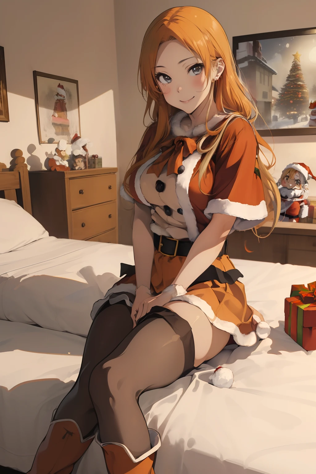 (masterpiece、top-quality、top-quality、Beautifully Aesthetic:1.2)、ighly detailed、highestdetailed、grey eyes、orange color hair|Semi-long blonde hair、((Santa Claus Costume))、(pantyhose)、Matsumoto Rangiku、graffiti art、Look at the viewer、A smile、Bedroom、on the beds、(long boots)、((a miniskirt))