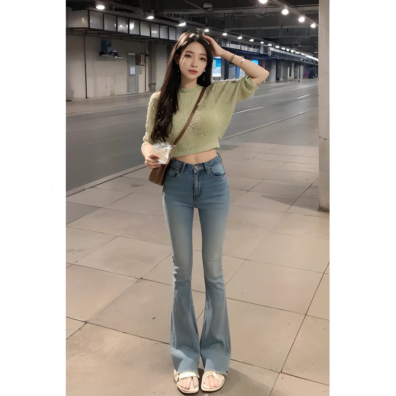 ((Best quality, realisticlying, 8k ultra high definition, Masterpiece: 1.3)), Focus: 1.5, Slim and slim figure,Petite,being thin: 1.4, (long beautiful hair,hair straight,Brown Black,Delicate hair)), (Wet clothes: 1.1) , (rain, sea beach: 1.3), 1 beautiful maiden(18yr old), 独奏,Black slip sweater, No bra, Raised breasts cleavage, Petite: 1.5, Big breasts Thin waist,Small buttocks,The flat lower abdomen is exposed,Stylish long jeans,(Low Waist),(Open navel), (Branded fashion flared pants:1.2), (Stylish washed blue trousers:1.2),Premium texture: 1.3, High-quality granularity, (Nice little crystal sandals: 1.2), Legs are well-proportioned,Highly detailed face and skin texture,petty face,Super nice looking, Beautiful eyes, 二重まぶた , delicated, beautifuldetails, Fair face and skin, Smile, Toothy,lipsticks,There are dimples,(female focus, waistup & hips focus, close focus, hdr shot), Legs together, varied pose,taken from behind (full bodyesbian: 1.8))
