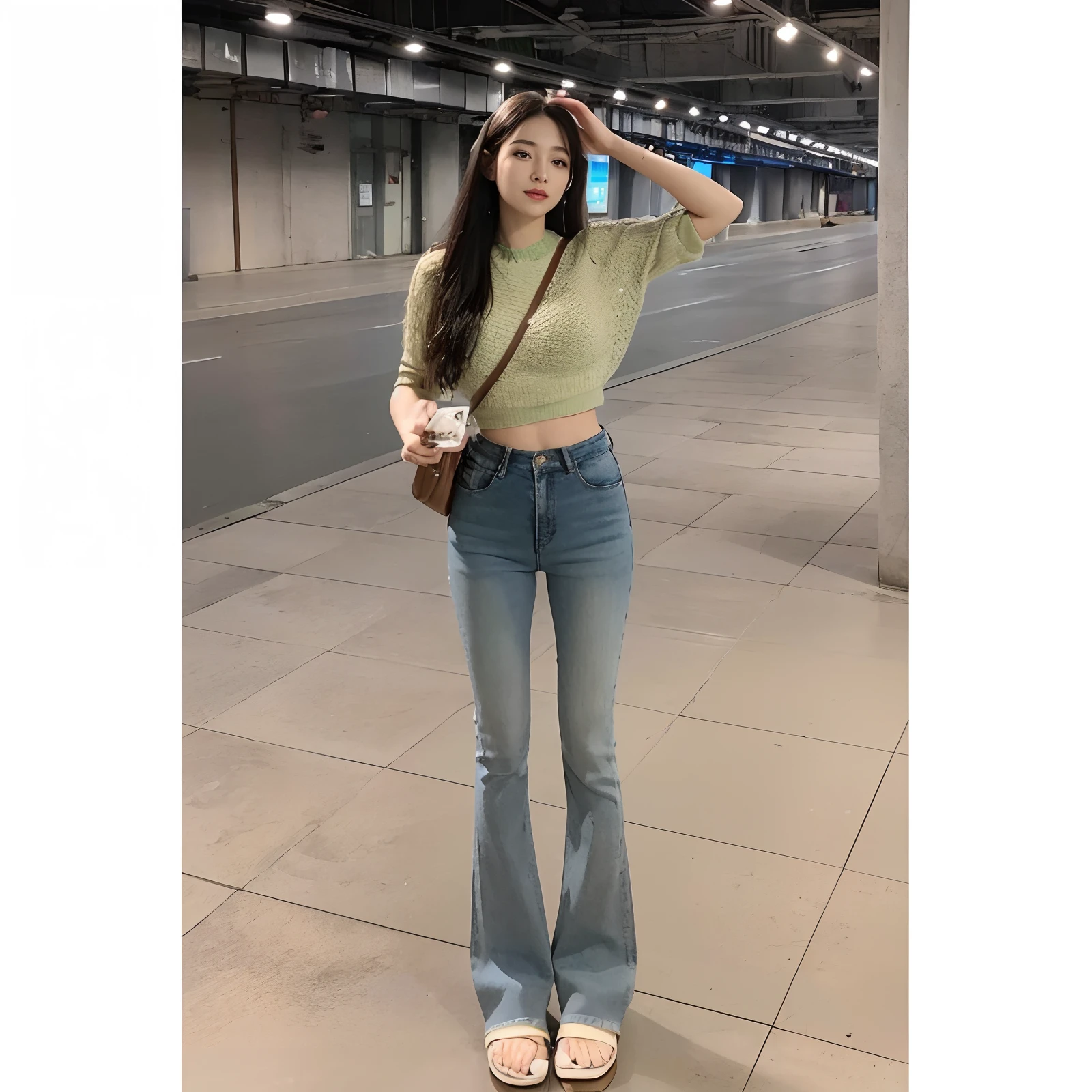 ((Best quality, realisticlying, 8k ultra high definition, Masterpiece: 1.3)), Focus: 1.5, Slim and slim figure,Petite,being thin: 1.4, (long beautiful hair,hair straight,Brown Black,Delicate hair)), (Wet clothes: 1.1) , (rain, sea beach: 1.3), 1 beautiful maiden(18yr old), 独奏,Black slip sweater, No bra, Raised breasts cleavage, Petite: 1.5, Big breasts Thin waist,Small buttocks,The flat lower abdomen is exposed,Stylish long jeans,(Low Waist),(Open navel), (Branded fashion flared pants:1.2), (Stylish washed blue trousers:1.2),Premium texture: 1.3, High-quality granularity, (Nice little crystal sandals: 1.2), Legs are well-proportioned,Highly detailed face and skin texture,petty face,Super nice looking, Beautiful eyes, 二重まぶた , delicated, beautifuldetails, Fair face and skin, Smile, Toothy,lipsticks,There are dimples,(female focus, waistup & hips focus, close focus, hdr shot), Legs together, varied pose,taken from behind (full bodyesbian: 1.8))