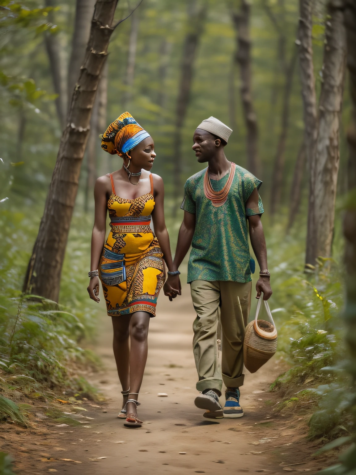 une belle africaine se promenant dans la foret avec un chef coutumier qui lui sert de guide
