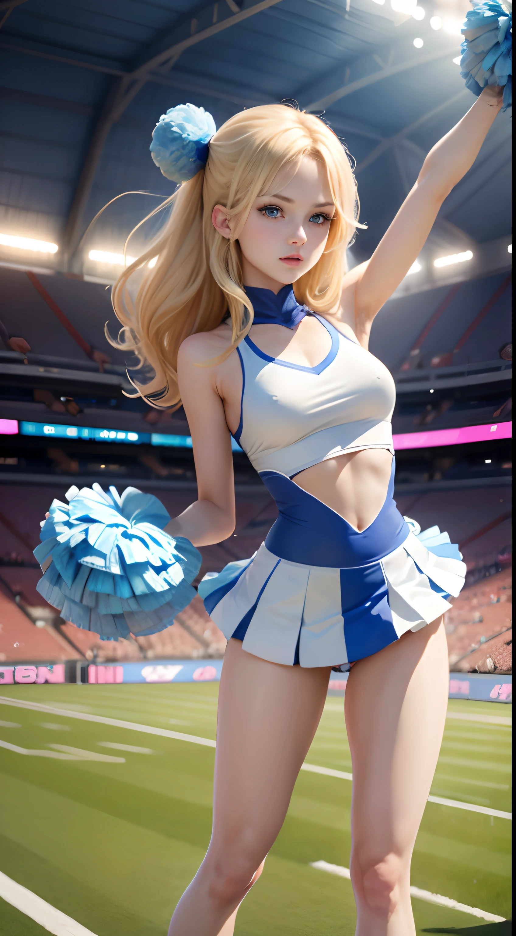 1girl in、Top image quality、Young Adult Women、hposing Gravure Idol、A slender、a blond、blue eyes、Stadium、cheer leading、cheerleaders、sneakers、Holding a pom-pom in both hands、A slender、realisticlying、ren、Correctly depict the structure of the human body、Anatomically correct depiction、beautiful foot、