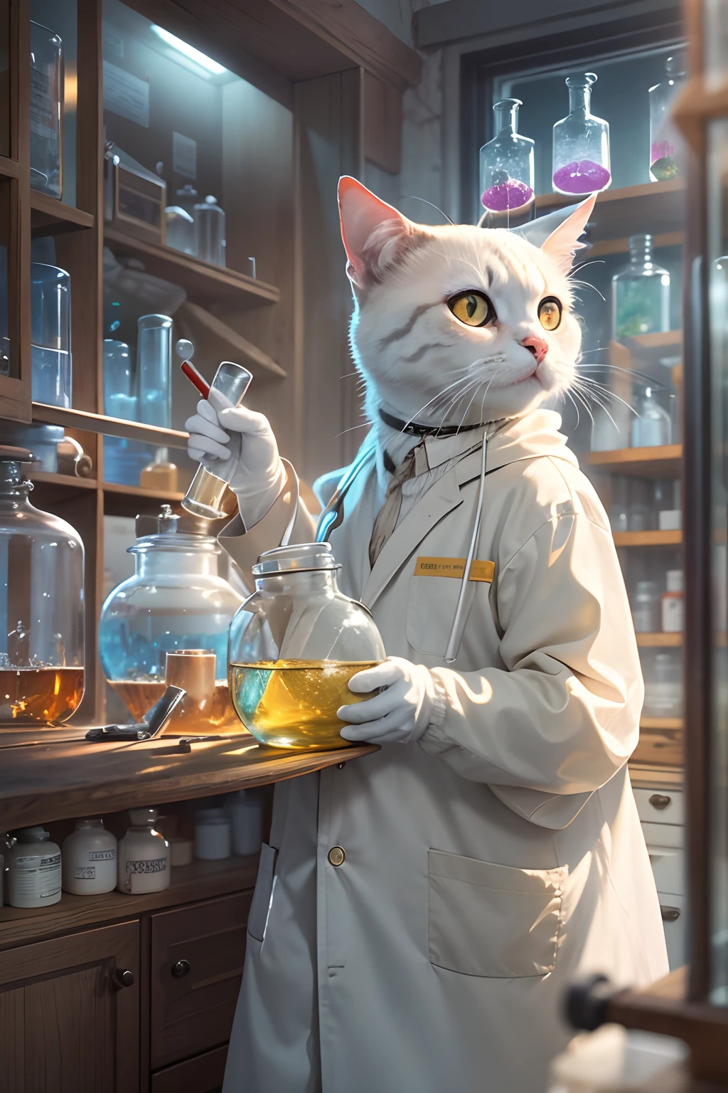A round-eyed cat wears a white lab coat, Hold a round-bottomed flask, Chemistry laboratory, There is a test tube rack on the front, The glass case has medicines, Sunlight outside the window,