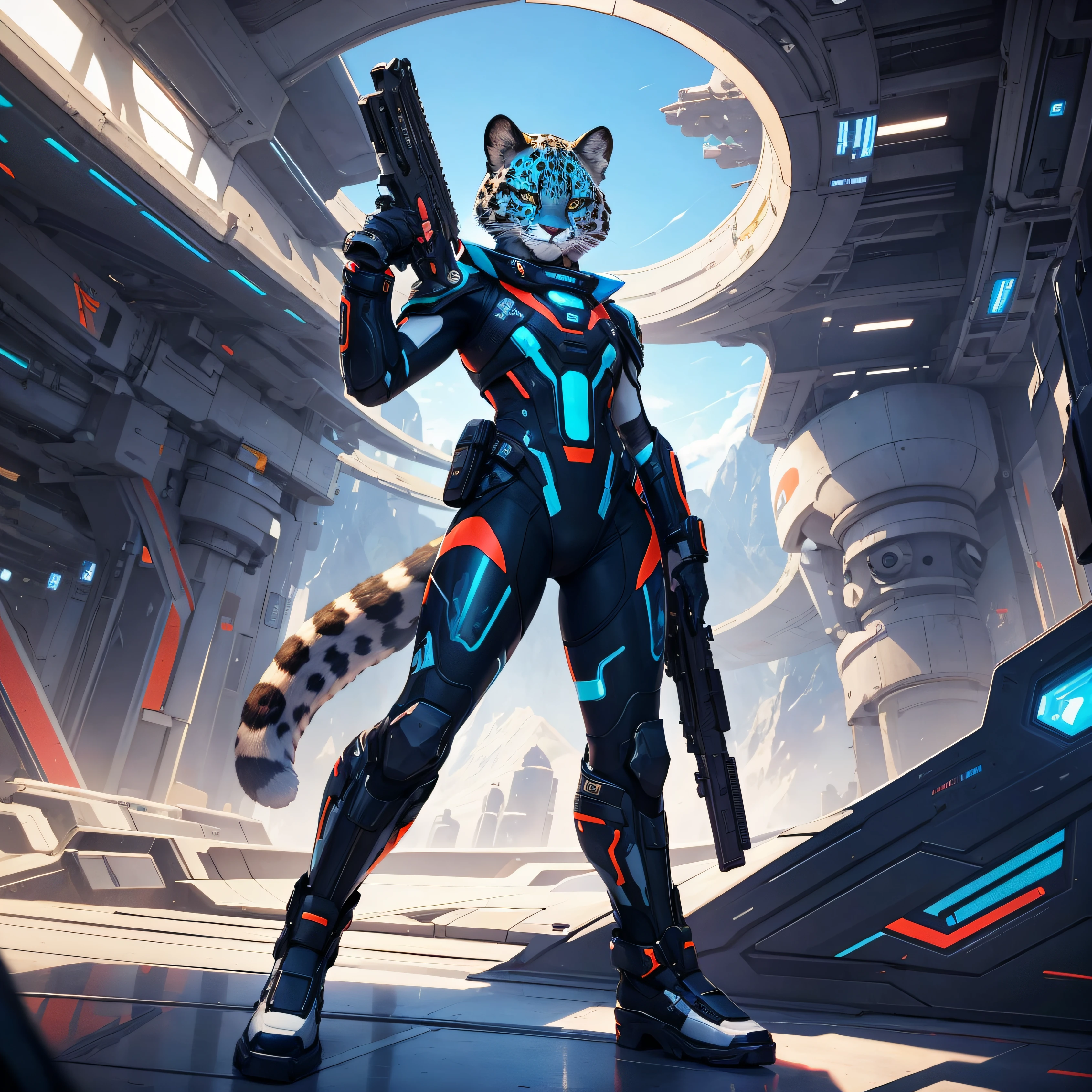 um leopardo, com uma roupa futurista, Segurando uma arma futurista em uma paisagem futurista.