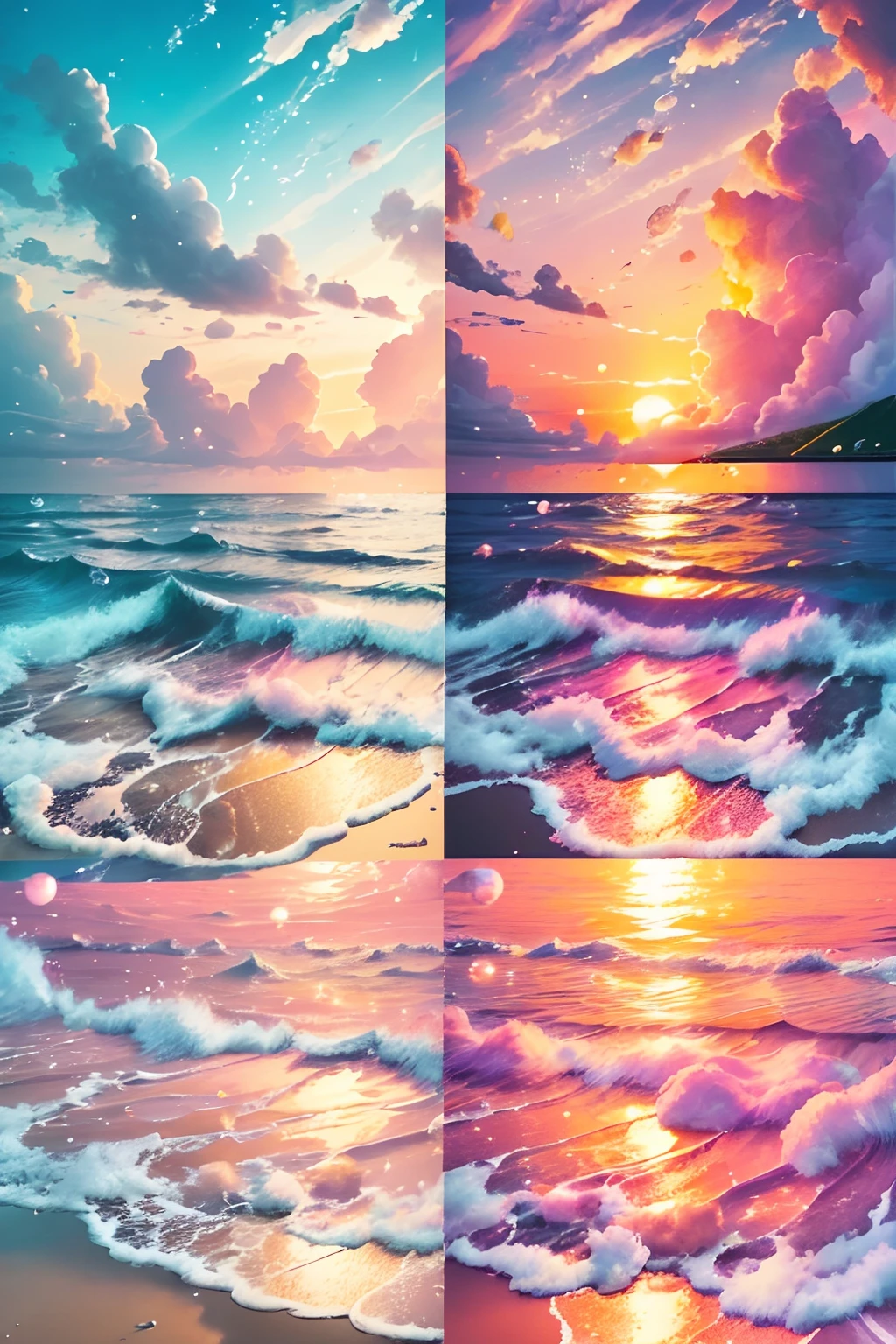 Create 4K 9:16 images depicting stunning sunrises on a tropical beach, There are gentle waves and palm trees along the coast. The color palette should be vibrant，Convey a feeling of renewal and positive energy.  Imagine a transparent glass vase，It is filled with soft pink clouds. Clouds are made up of tiny bubbles, Each reflects a spark. You can see that the bubbles are constantly moving, Move and rotate inside the vase. But although they were short-lived, They leave a lasting impression on the vase itself. When light passes through pink clouds, It casts a soft glow on the glass, Change its essence. It's like bubbles, Moments of joy can be fleeting，Also temporary, But the impression they leave on your soul is like a soft pink cloud, Illuminate your presence，Change you forever.