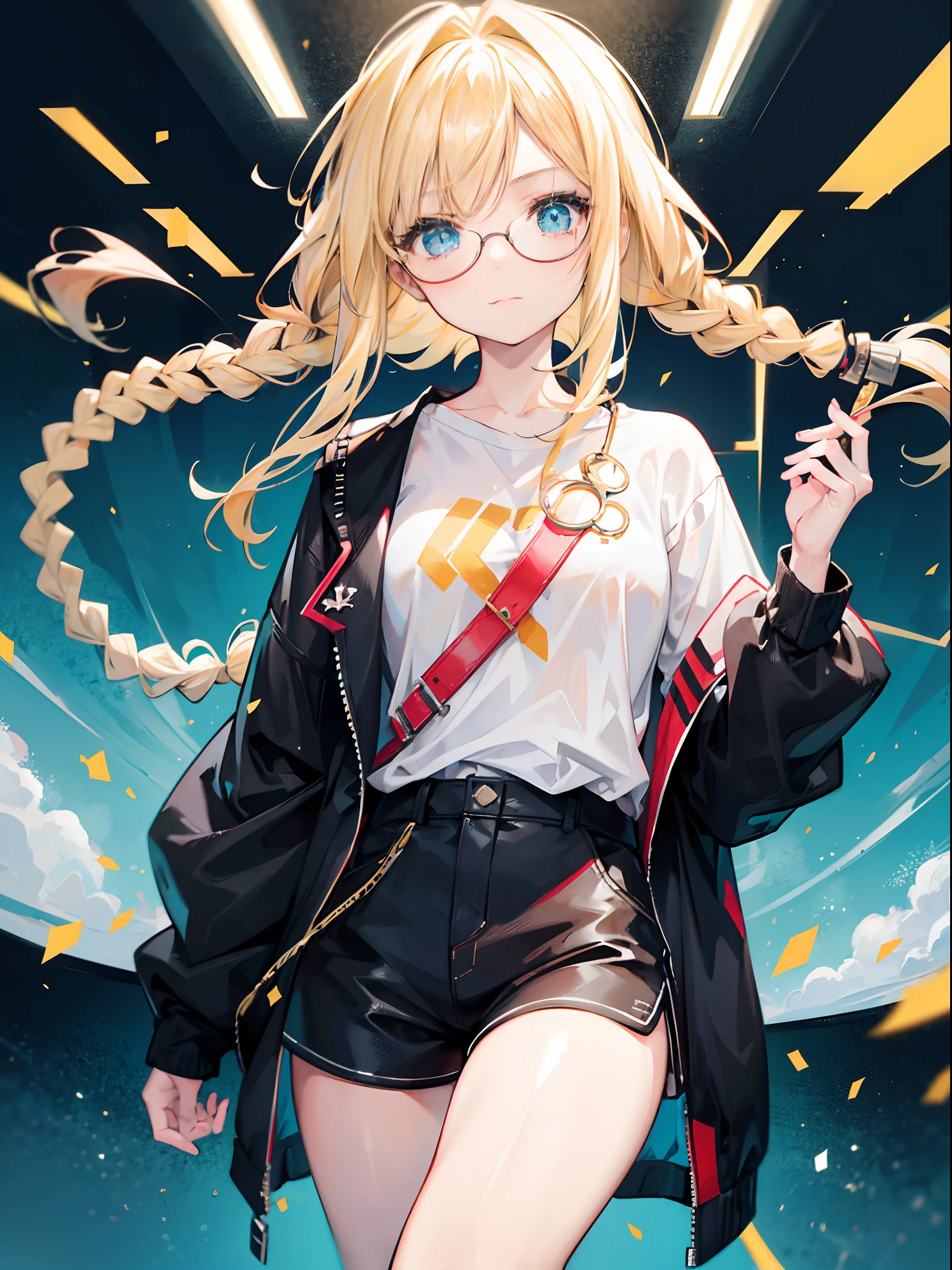 18-year-old blonde girl, Turquoise eyes, long-haired, Left Braid,.., eyeglasses.. Wear a white shirt....Black shorts with a red face.