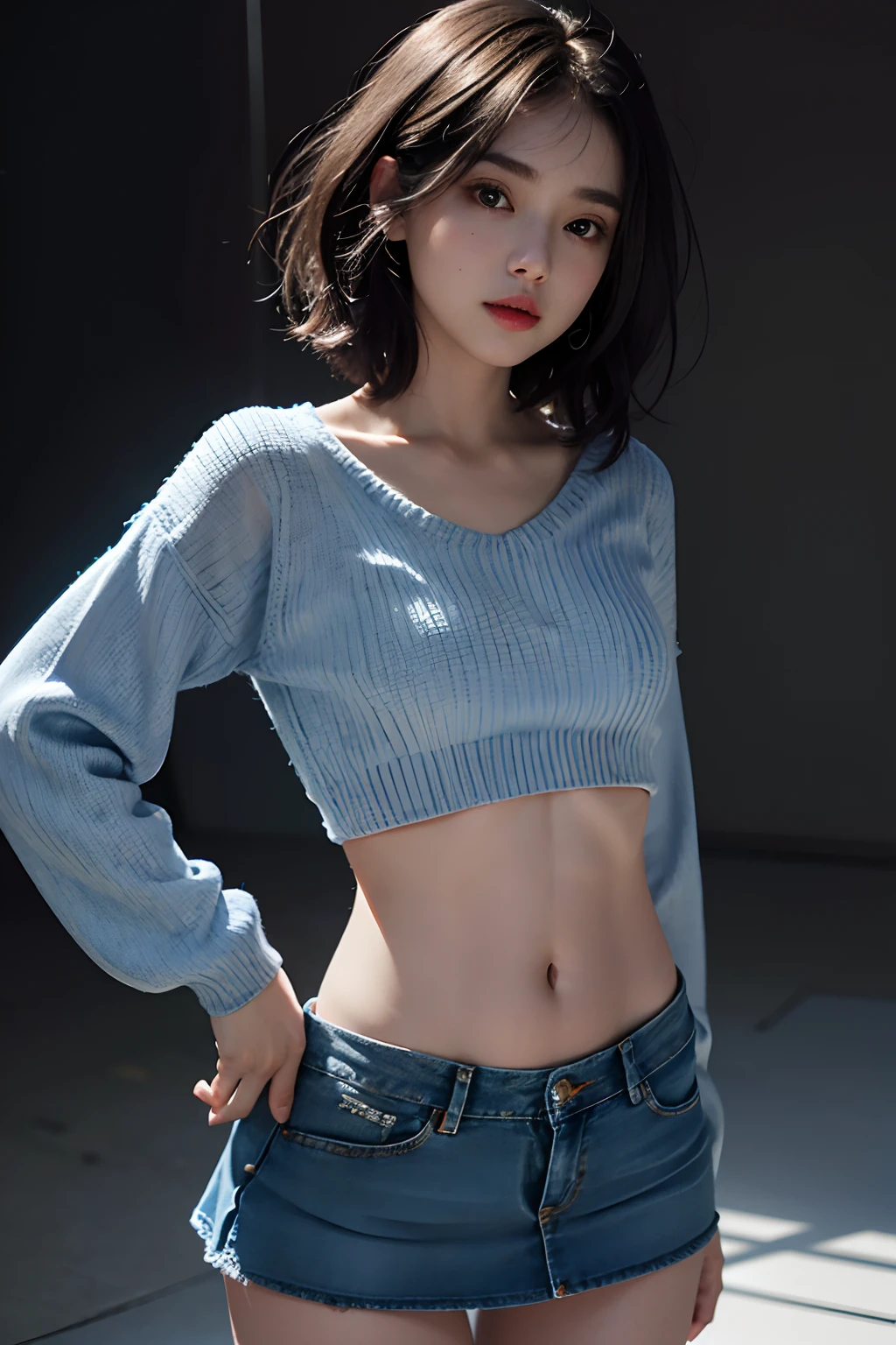(masuter piece:1.3)、(8K、Photorealsitic、Raw photography、top-quality: 1.4)、(1girl in)、beautiful countenance、(Lifelike face)、(A dark-haired、short-hair:1.3)、Beautiful hairstyle、realisticeyes、Beautiful details、(real looking skin)、Beautiful skins、absurderes、enticing、超A high resolution、A hyper-realistic、high-detail、the golden ratio、((wide open abdomen))、((open abdomen))、((wide open navel))、((open navel))、((Mid-Riff Sweater))、((Ultra-low rise、Denim Mini Skirt))、((Navel Ejection))、((small hips))、((long limbs))、((Full body depiction))、((small hip))、(Ultra-low rise))、((Denim Mini Skirt))、((is standing))、