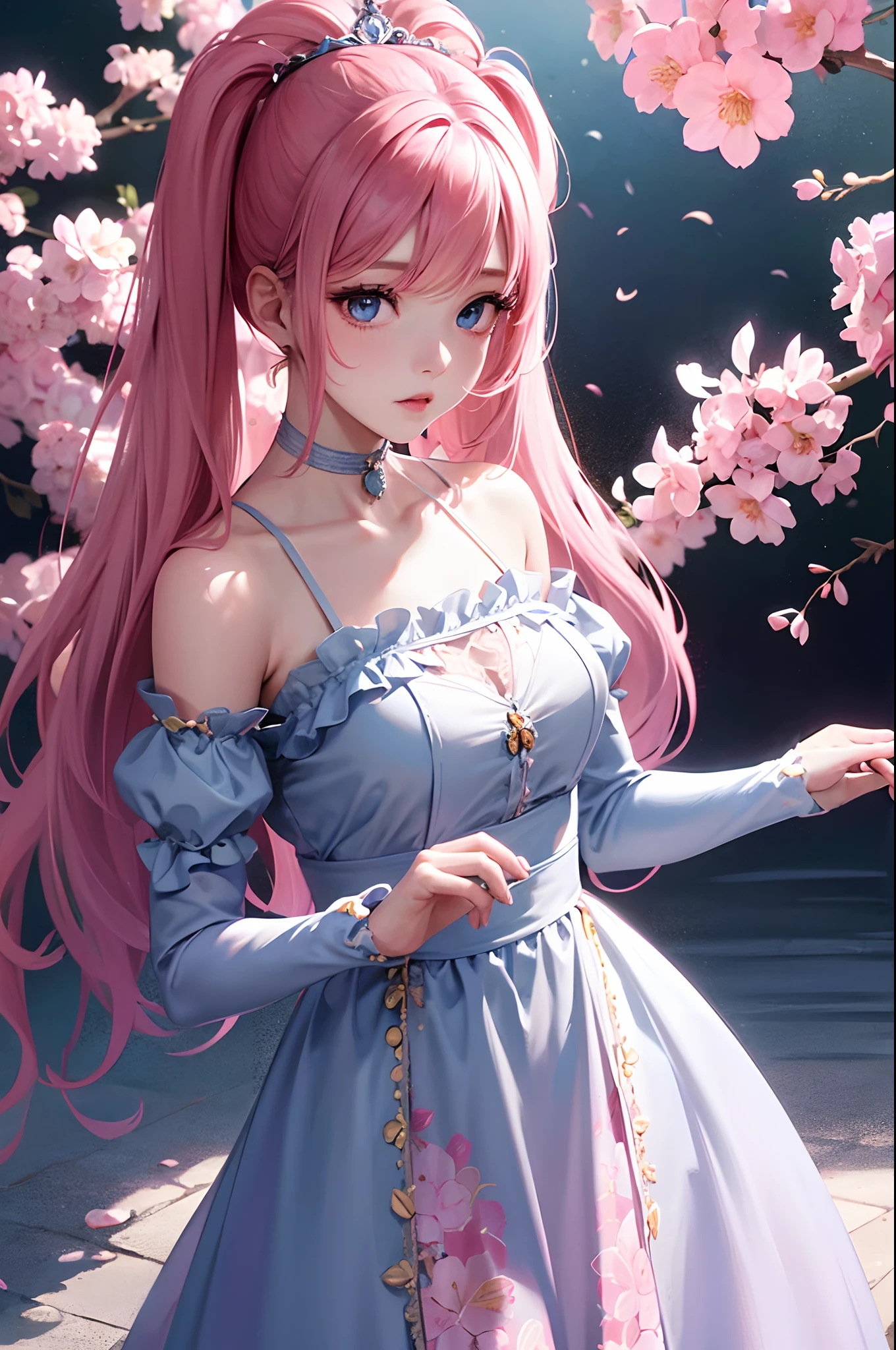 1girl in、looking at the viewers、
The upper part of the body、Beautiful blue eyes、Twin tails pink hair color、Moles under the eyes、Plump and glossy lips、Heart-shaped choker、。.。.。.。.。.3D、realisitic、
large full breasts、excessively frilled princess dress、draped clothes、jewely、ornament detached、florals、Lace trim、
masterpiece、top-quality、8K、detailed skin textures、Detailed Cloth Texture、beautifull detailed face、intricate-detail、ultra-detailliert、
Rim lighting、Side lighting、ciinematic light、超A high resolution、8K UHD、film grains、Best Shadow、delicated、gazing at viewer、front facing