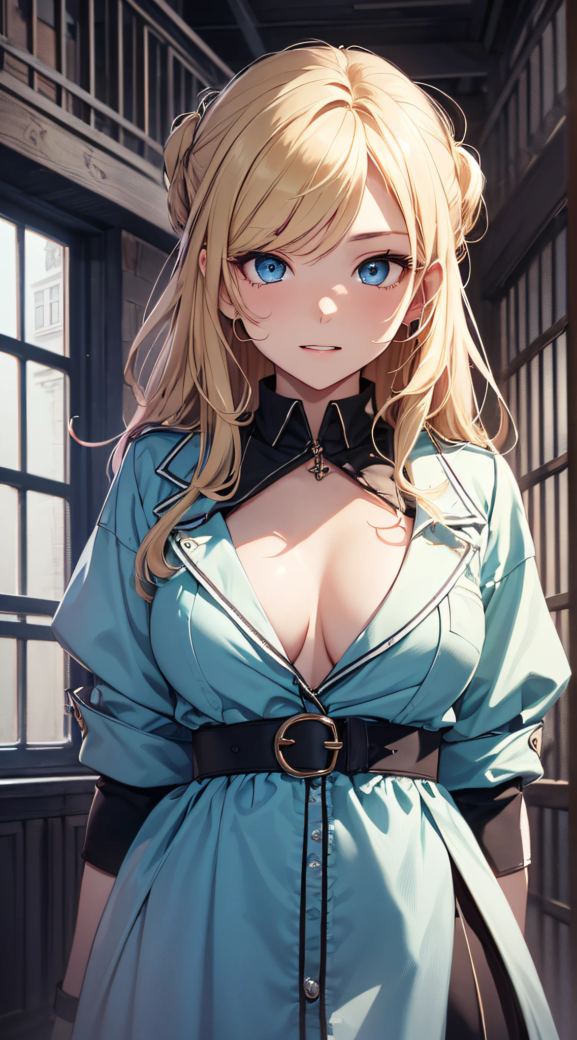 top-quality、Top image quality、masterpiece、girl with((18year old、Disturbed prison uniform、 Best Bust、Bust 85、a blond、Semi-long、Blue eyes、open chest wide、Valley、Happiness、A slender、Seduction poses、bad face))hiquality、Beautiful Art、Background with((prison))、masutepiece、Elaborate design、visualart