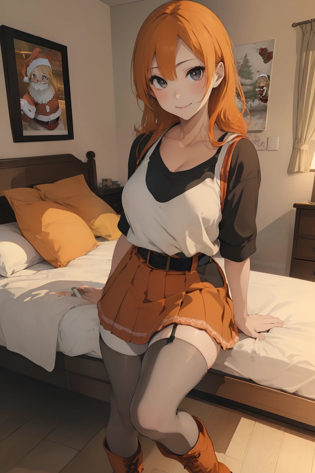 (masterpiece、top-quality、top-quality、Beautifully Aesthetic:1.2)、ighly detailed、highestdetailed、grey eyes、orange color hair|Semi-long blonde hair、((Santa Clothes))、(pantyhose)、Matsumoto Rangiku、graffiti art、Look at the viewer、A smile、Bedroom、on the beds、(boots)、((a miniskirt))