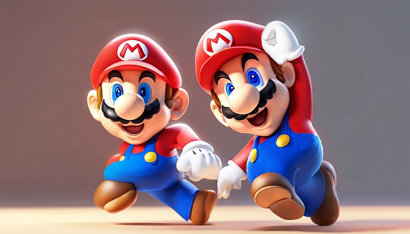 (Mario), character design, Nintendo Super Mario, (blue eyes, red hat, red suit, blue suspenders, white gloves) super cute blind box style, holding a yellow watermelon, chibi, full body, exaggerated expressions and actions, clean background, bright iridescent highlights, studio lighting, atmospheric lighting, exquisitely textured, high detail, high resolution, c4d, 3D, Blender, 8k, best quality, ultra high resolution
