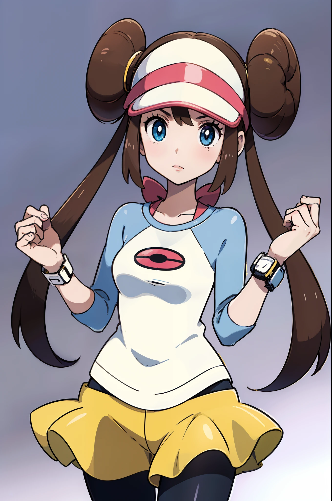 ​masterpiece, top-quality, Hi-Res,(1 girl in)、(simple background:1.5),、pokemon style、ro1, hair bun, blue eyes, twintails, visor cap, pantyhose, raglan sleeves, yellow shorts, shirt, pink bow, wristwatch