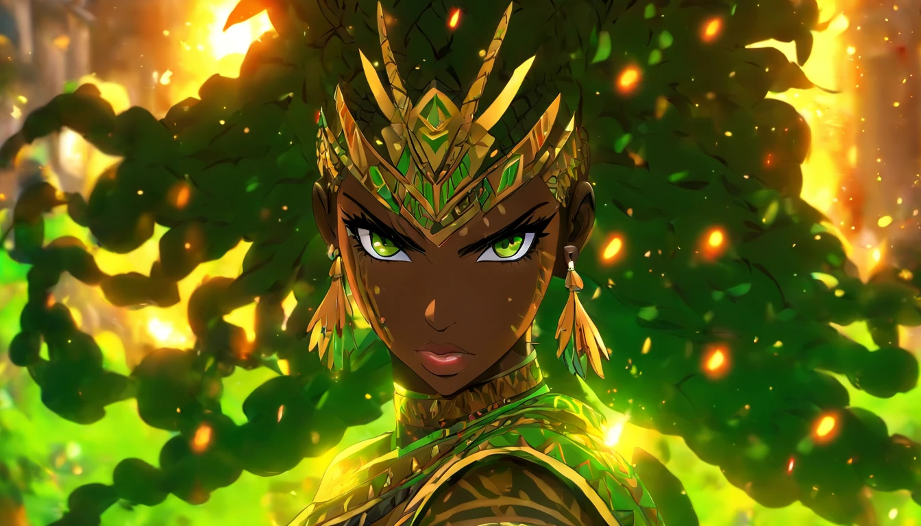 The most beautiful and sexy African warrior princess, Black hair, Long African hairstyle, Green eyes, Wear highly detailed tribal armor, Wielding a tribal spear, Lots of tattoos and piercings, Blood splattered, Golden flower pedals blowing in the wind, highly detailed back ground, Perfect masterpiece, High quality, high resolution