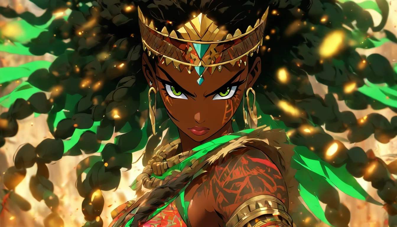 The most beautiful and sexy African warrior princess, Black hair, Long African hairstyle, Green eyes, Wear highly detailed tribal armor, Wielding a tribal spear, Lots of tattoos and piercings, Blood splattered, Golden flower pedals blowing in the wind, highly detailed back ground, Perfect masterpiece, High quality, high resolution