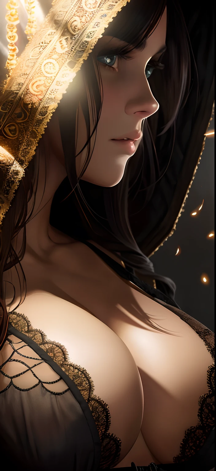 Epic chest close-up,The woman's strong and sinister eyes,Framed with faded old clothes, Tattered white linen hood,reflecting golden sparks in the irises of the eyes,is in night,dramatic lighting,hight contrast,Highest definition,ultra-realistic realism,ultra-realistic realism,realisticlying,A high resolution,HDR photography,8K,Sexy women,Erotic lace lingerie,huge tit