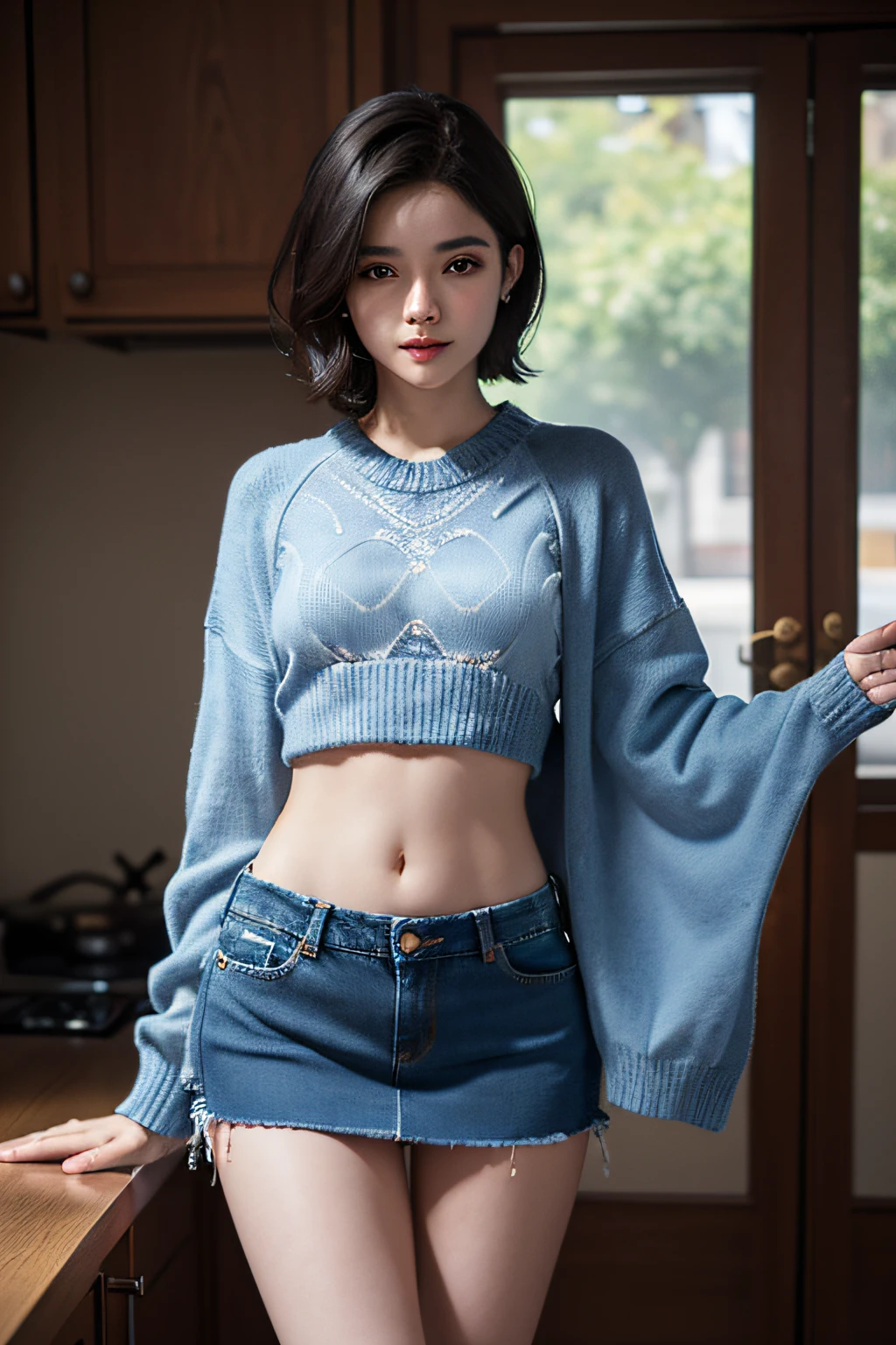 (masuter piece:1.3)、(8K、Photorealsitic、Raw photography、top-quality: 1.4)、(1girl in)、beautiful countenance、(Lifelike face)、(A dark-haired、short-hair:1.3)、Beautiful hairstyle、realisticeyes、Beautiful details、(real looking skin)、Beautiful skins、absurderes、enticing、超A high resolution、A hyper-realistic、high-detail、the golden ratio、((wide open abdomen))、((open abdomen))、((wide open navel))、((open navel))、((Mid-Riff Sweater))、((Ultra-low rise、Denim Mini Skirt))、((Navel Ejection))、((small hips))、((long limbs))、((Full body depiction))、((small hip))、(Ultra-low rise))、((Denim Mini Skirt))、((is standing))、