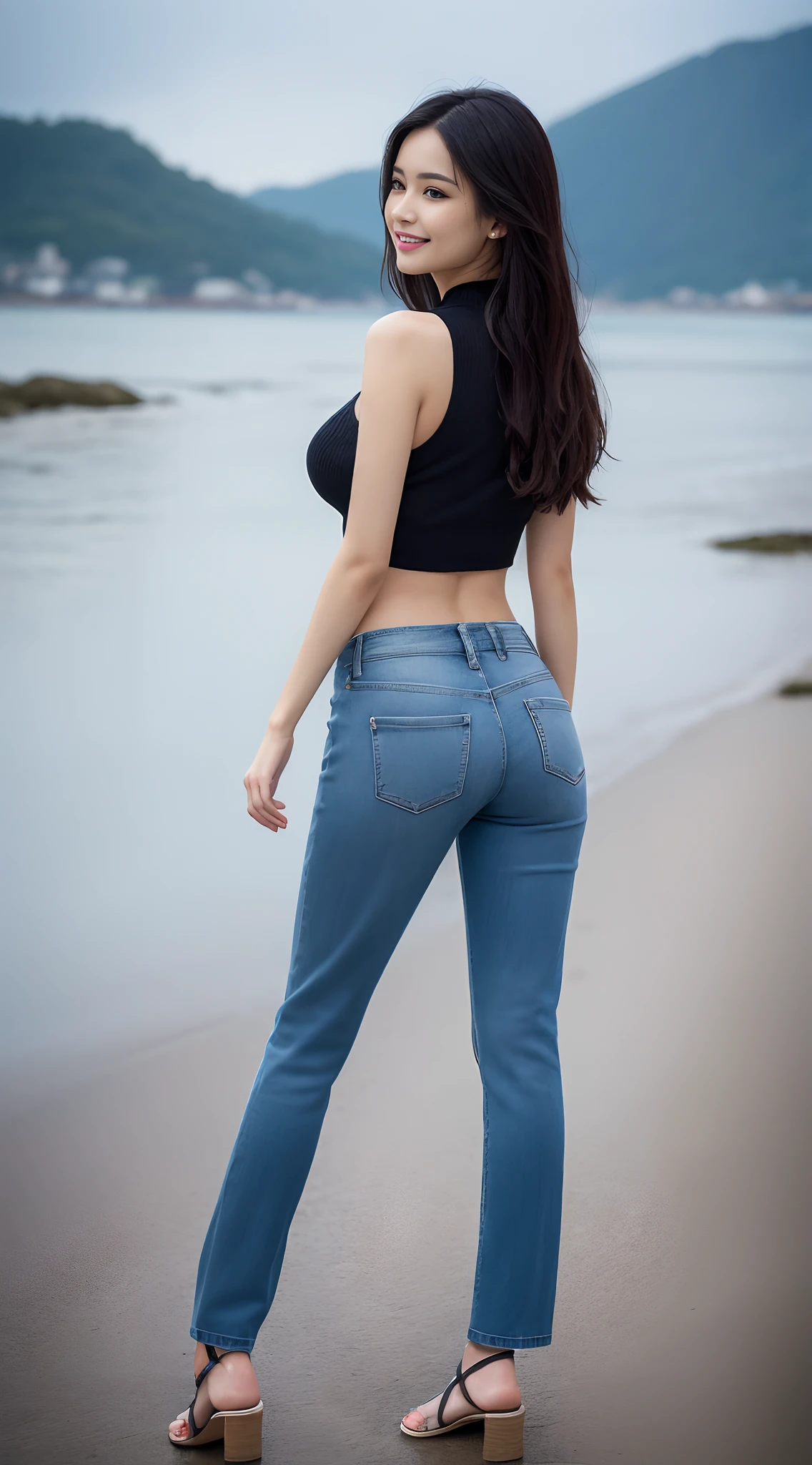 ((Best quality, realisticlying, 8k ultra high definition, Masterpiece: 1.3)), Focus: 1.5, Slim and slim figure，Petite，being thin: 1.4, (long beautiful hair，hair straight，Brown Black，Delicate hair)), (Wet clothes: 1.1) , (rain, sea beach: 1.3), 1 beautiful maiden（18yr old）, 独奏，Black slip sweater, No bra, Raised breasts cleavage, Petite: 1.5, Big breasts Thin waist，Small buttocks，The flat lower abdomen is exposed，Stylish long jeans，（Low Waist），（Open navel）, （Branded fashion flared pants:1.2）, （Stylish washed blue trousers:1.2），Premium texture: 1.3, High-quality granularity, (Nice little crystal sandals: 1.2), Legs are well-proportioned，Highly detailed face and skin texture,petty face，Super nice looking， Beautiful eyes, 二重まぶた , delicated， beautifuldetails， Fair face and skin, Smile, Toothy，lipsticks，There are dimples，(female focus, waistup & hips focus, close focus, hdr shot）, Legs together, varied pose，taken from behind (full bodyesbian: 1.8))