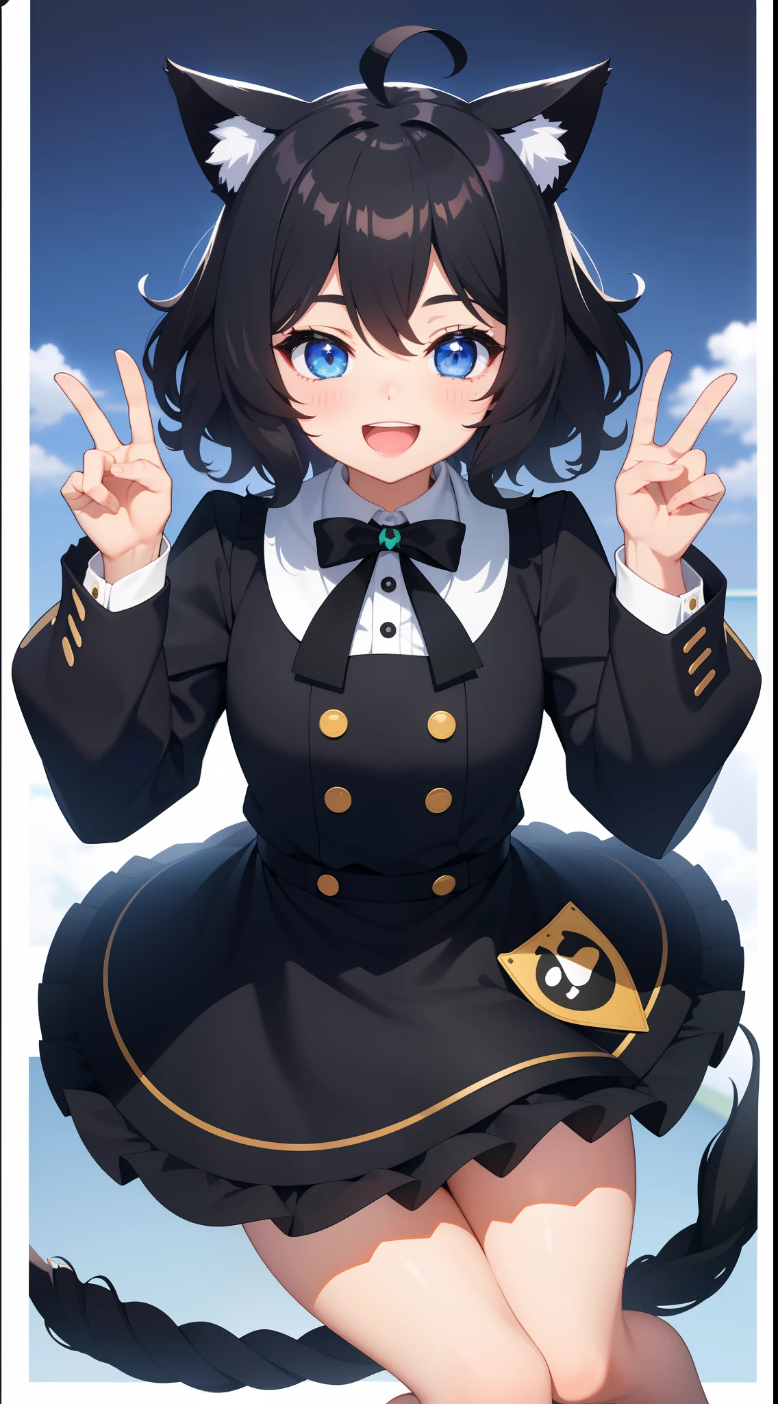 Cute backgrounds, 1girl in, Open mouth, Smile, Virtual Youtuber、girl with、((Best Quality, high_resolution, Distinct_image)),(Black hair), (Black cat ears), (Ahoge), (absurdly short hair), (Wavy Hair), (Blue eyes),、Very big、A smile、((View Viewer))、