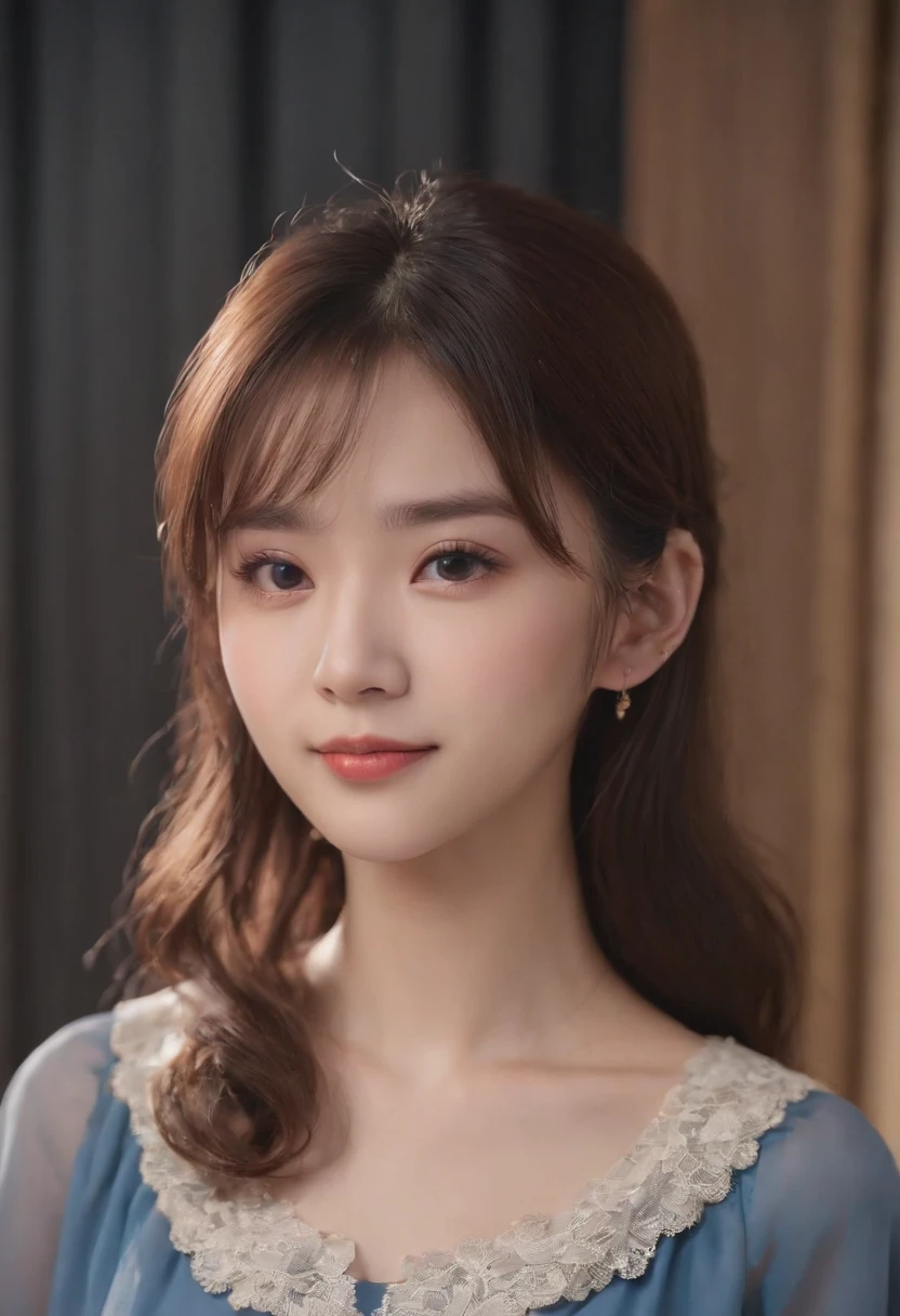 top-quality, Photorealsitic, masterpiece, 8K, Hi-Res, 独奏, 1girl in, (((infp young woman))),、full body Esbian、(small tits), ((Look at viewers)), (look at a camera), ((Different hairstyles close to long))、Perfect straight black hair、(((With bangs)))、 (profetional lighting), Highly detailed bright face、Gentle Japan girl、Lovely smile、Small cleavage、Blue dress(long-sleeve)、Standing in the room