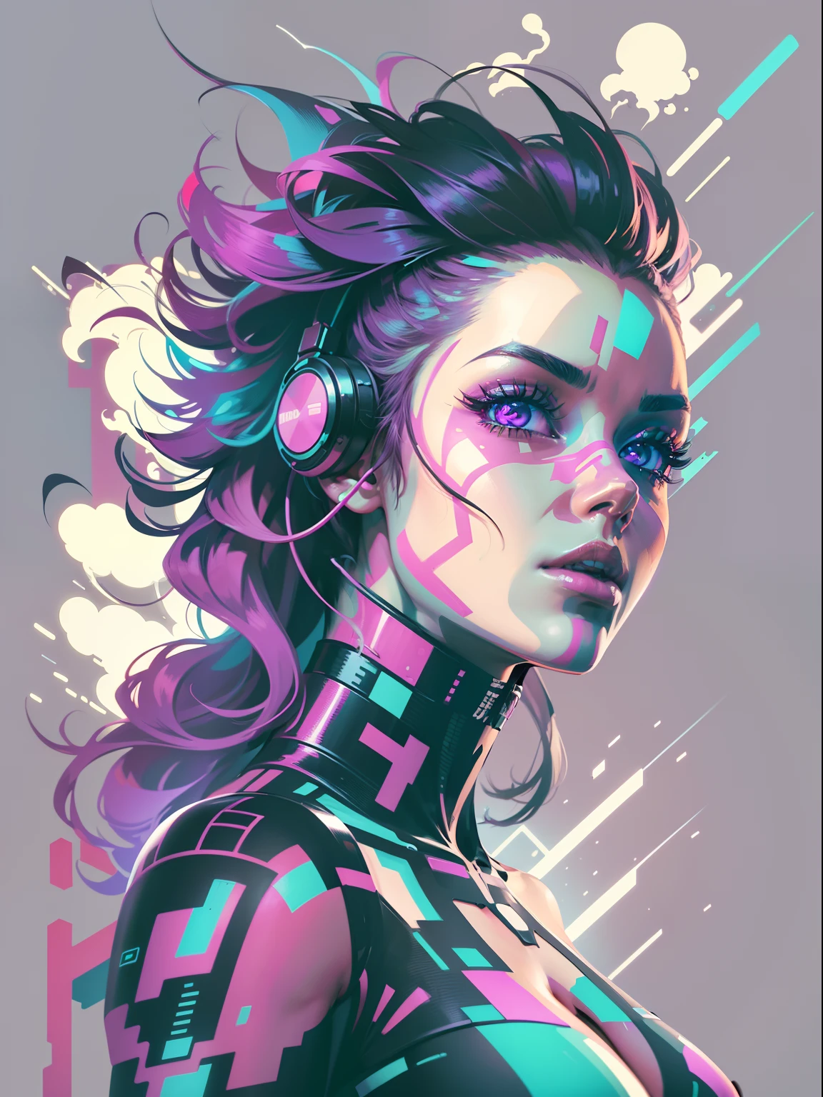 graphic design t-shirt, flat design, futuristic cyberpunk girl in mix of tones, topless,, sexy body, topless, flashing tits, big tits, metal skin, metal nipples, laser beams, purple emissive eyes, colorful tones, clean highly detailed, vector image, smoke explosion, simple background, flat white background, bright vector ((white background) )