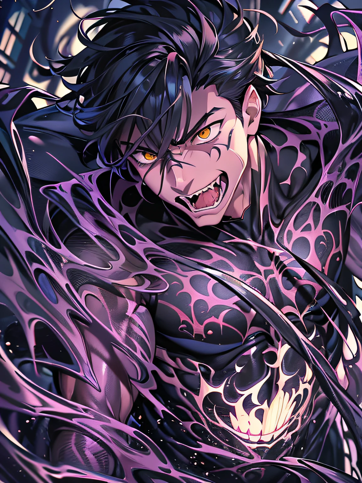 《Spidey》peter parker , male people, chest muscle,There is no mask on the head,mufti,Sexy , The venom symbiote covers your body,The venom symbiote does not cover the head,Black mucus of the body , into venom, Venom tentacles,One-piece tights,Hands become claws,Abs,(Adult male)((Venom possession,venom symbiote)),over-Tortoise Man,The one-piece tights were torn,((Masterpiece)), ((Best quality)), Ultra detailed,((illustration)), Dynamic Angle, Detailed light, (Delicate eyes), Floating, 1boys, Male focus, Head, Clothing, Yellow eyes, necklace, tattoo, (Forehead:0.8), (ahoge:0.8), brunette color hair,apathy, chest muscle,There is no mask on the head,mufti,Sexy , The venom symbiote covers your body, The venom symbiote does not cover the head,Black mucus of the body , (into venom), Hands become claws,Venom tentacles,frontage,Bust photo,Black tight-fitting top,spiderman outfit,style of anime4 K, 4K anime wallpaper, Badass anime 8 K, 4 k comic wallpaper, Anime boys, Anime wallpapers 4 k, Anime wallpaper 4K , RGB lighting,