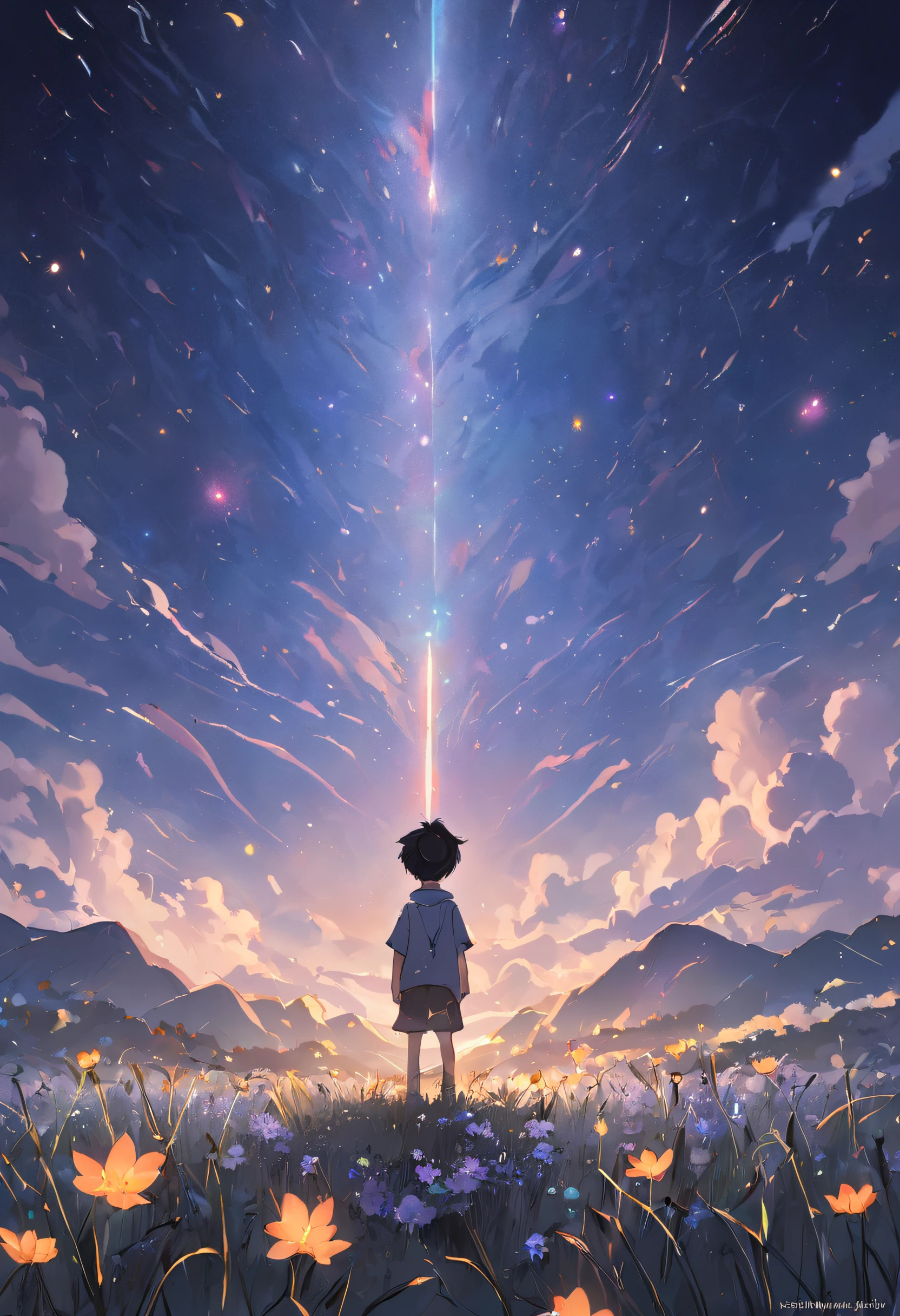 Expansive landscape photograph,(look from down,Above is the sky,Below are open fields),A stood on a flower field and looked up,(moon full:1.2),(meteors:0.9),(Starcloud:1.3),Far Mountain, Tree BREAK making art,(Warm light source:1.2),(glowworm:1.2),lamp lights,Lots of purple and orange,Complicated details,Volumetric lighting BREAK(tmasterpiece:1.2),(best qualtiy),4K,ultra - detailed,(dynamic compositions:1.4),detail-rich,plethora of colors,(Irridescent color:1.2),(with light glowing,Atmospheric lighting),dream magical,magical,(独奏:1.