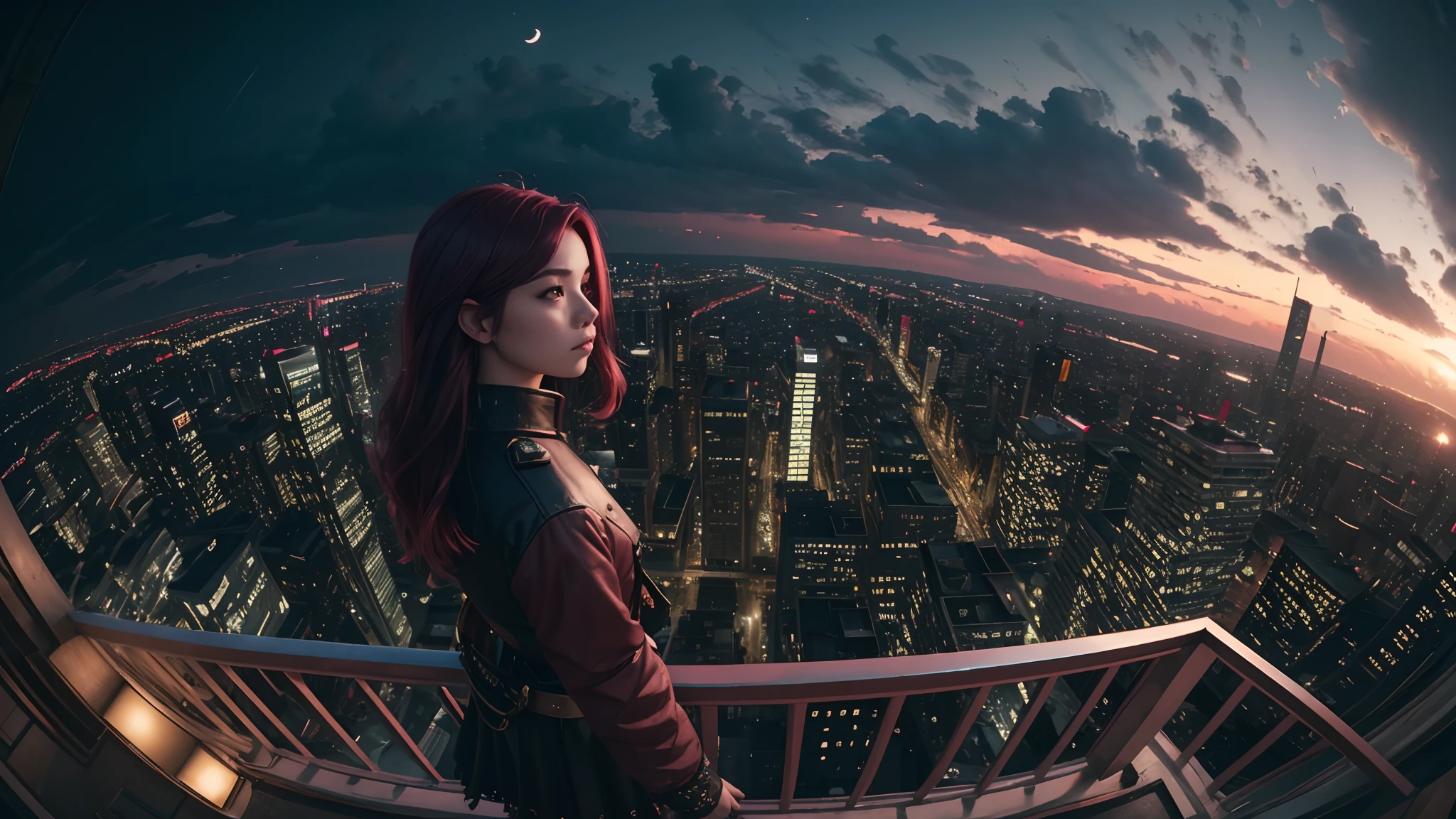 ((fisheye views)), a photo of 8k ultra realistic beautiful sad girl standing on top of building, maroon hair, watching the city burn , moon night , full city visible , intricate red and light cloudy yellow , ornate, cinematic lighting, trending on artstation, 4k, hyperrealistic, focused, high details, unreal engine 5, cinematic