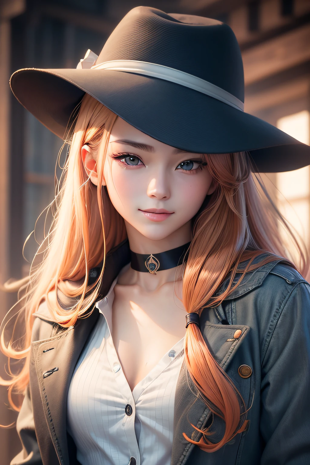 Girl Solo, (masutepiece, ultra-quality, High resolution, 8K, Convoluted: 1.2), (Detailed face:1.2), Handsome, Young Japan Female ,White skin, Double eyelids , Detailed skin, 1boy, ((Realistic)), Male Focus, ((Realistic)), ((pale skin)), , hunk, Handsome,1boy, Orange hair,Tadaya Nakahara,Long hair,hat, grey eyes, Choker, deep eye,vests, Looking at Viewer, Smile, Fedora, jacket on shoulders, (masutepiece), (Best Quality:1),