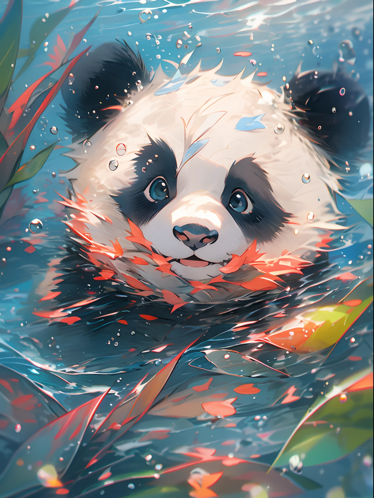 1 cute panda, close-up face, Portrait, Furry, Leaves, No Man, In water, ocean floor, Swimming, Blisters, Buble, More details, Saturated colors, cute smiling, Best quality, 8K, High saturation