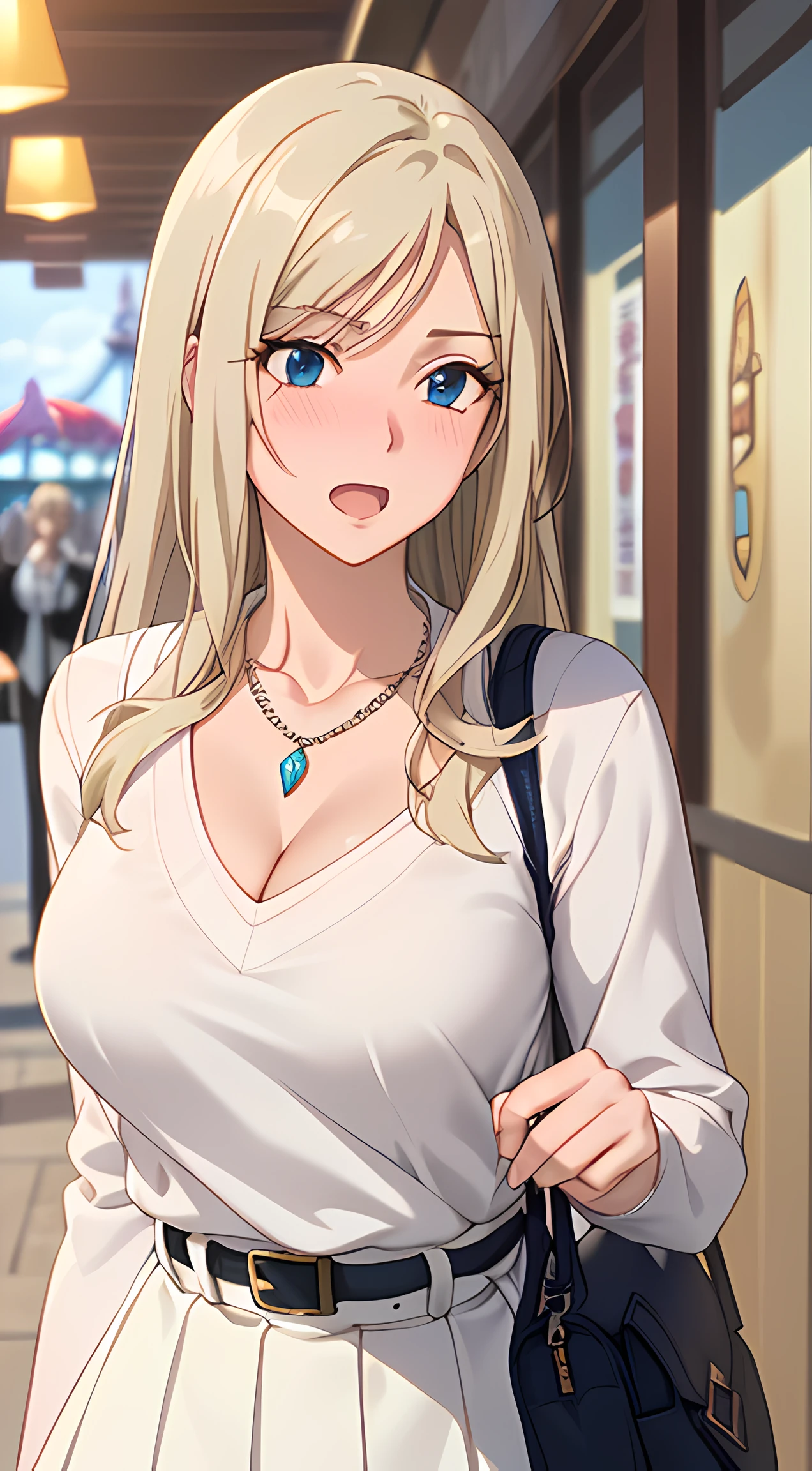 ((masterpiece, best quality, highres, UHD, RTX, perfect pixel, depth of field, 4k, extremely-detailed))), 1girl, single, solo, beautiful anime girl, beautiful artstyle, anime character, ((long hair, parted bangs, middle part hair bangs, blonde hair)), ((blue eyes:1.4, rounded eyes, beautiful eyelashes, realistic eyes)), ((detailed face, blushing:1.2)), ((smooth texture:0.75, realistic texture:0.65, photorealistic:1.1, anime CG style, vibrant color)), ((medium breasts, cleavage:0.9, busty)), dynamic angle, perfect body, ((POV, dynamic pose, close up)), ((white sweater, long sleeve, black skirt, women belt, fashionable, single handbag, 1diamond necklace)), open mouth, embrassed, amusement park