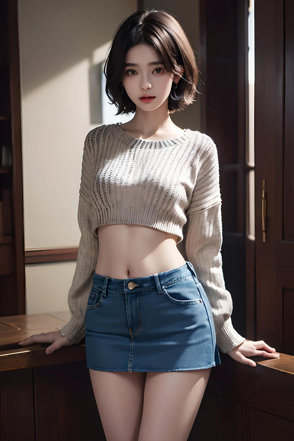 (masuter piece:1.3)、(8K、Photorealsitic、Raw photography、top-quality: 1.4)、(1girl in)、beautiful countenance、(Lifelike face)、(A dark-haired、short-hair:1.3)、Beautiful hairstyle、realisticeyes、Beautiful details、(real looking skin)、Beautiful skins、absurderes、enticing、超A high resolution、A hyper-realistic、high-detail、the golden ratio、((wide open abdomen))、((open abdomen))、((wide open navel))、((open navel))、((Mid-Riff Sweater))、((Ultra-low rise、Denim Mini Skirt))、((Navel Ejection))、((small hips))、((long limbs))、((Full body depiction))、((small hip))、(Ultra-low rise))、((Denim Mini Skirt))、((is standing))、