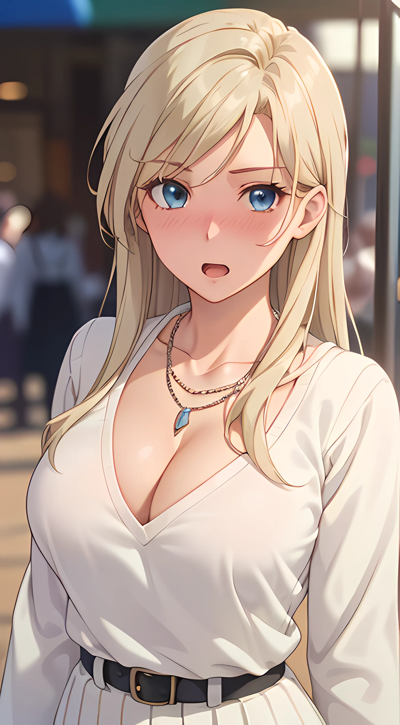 ((masterpiece, best quality, highres, UHD, RTX, perfect pixel, depth of field, 4k, extremely-detailed))), 1girl, single, solo, beautiful anime girl, beautiful artstyle, anime character, ((long hair, parted bangs, middle part hair bangs, blonde hair)), ((blue eyes:1.4, rounded eyes, beautiful eyelashes, realistic eyes)), ((detailed face, blushing:1.2)), ((smooth texture:0.75, realistic texture:0.65, photorealistic:1.1, anime CG style, vibrant color)), ((medium breasts, cleavage:0.9, busty)), dynamic angle, perfect body, ((POV, dynamic pose, close up)), ((white sweater, long sleeve, black skirt, women belt, fashionable, single handbag, 1diamond necklace)), open mouth, embrassed, amusement park