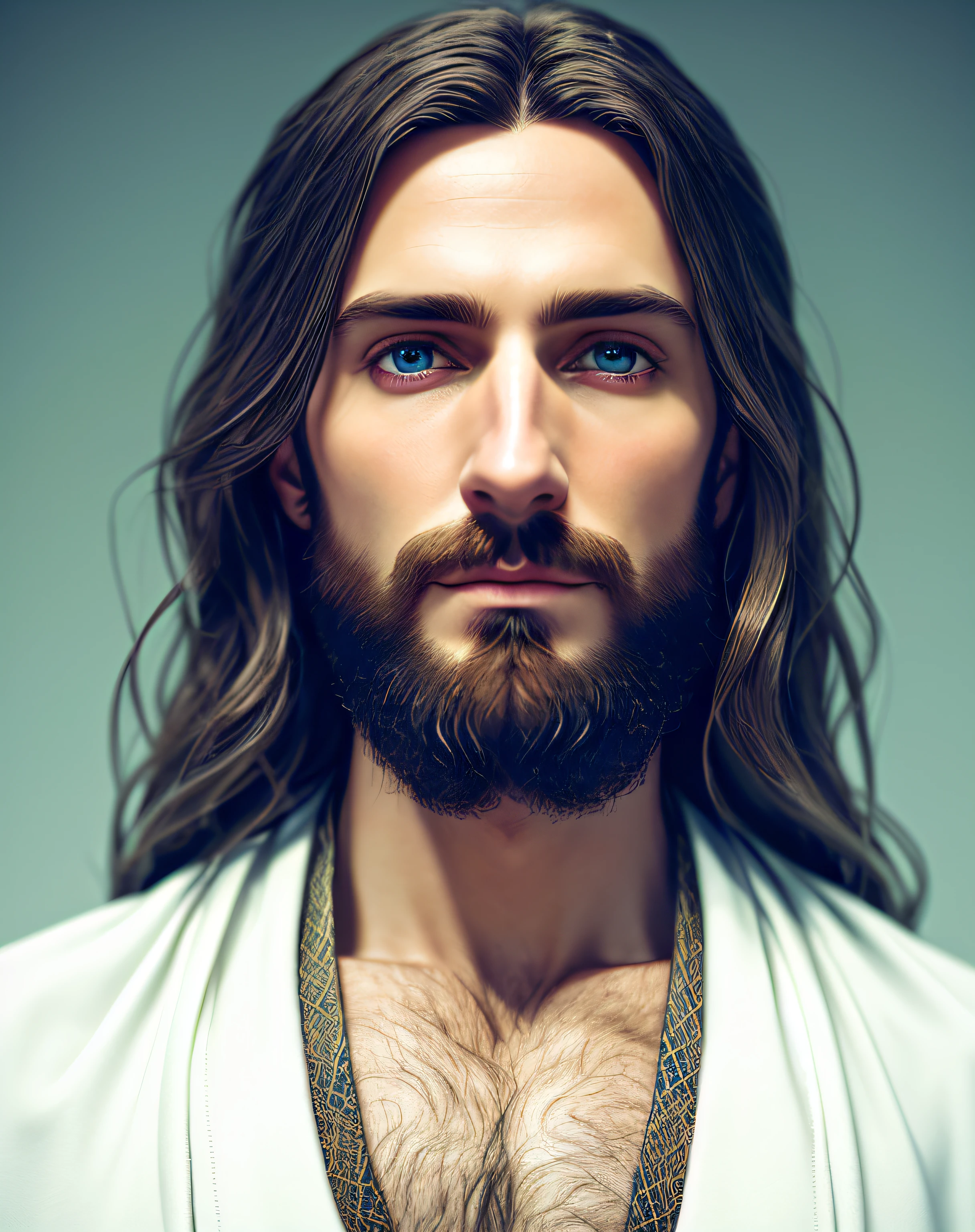 (symmetry),centered,a ((close)) up portrait,(Jesus),a very thin white man with long hair and a beard,wearing a long white robe,35mm,natural skin,clothes detail, 8k texture, 8k, insane details, intricate details, hyperdetailedhighly detailed,realistic,soft cinematic light,HDR,sharp focus, ((((cinematic look)))),intricate, elegant, highly detailed