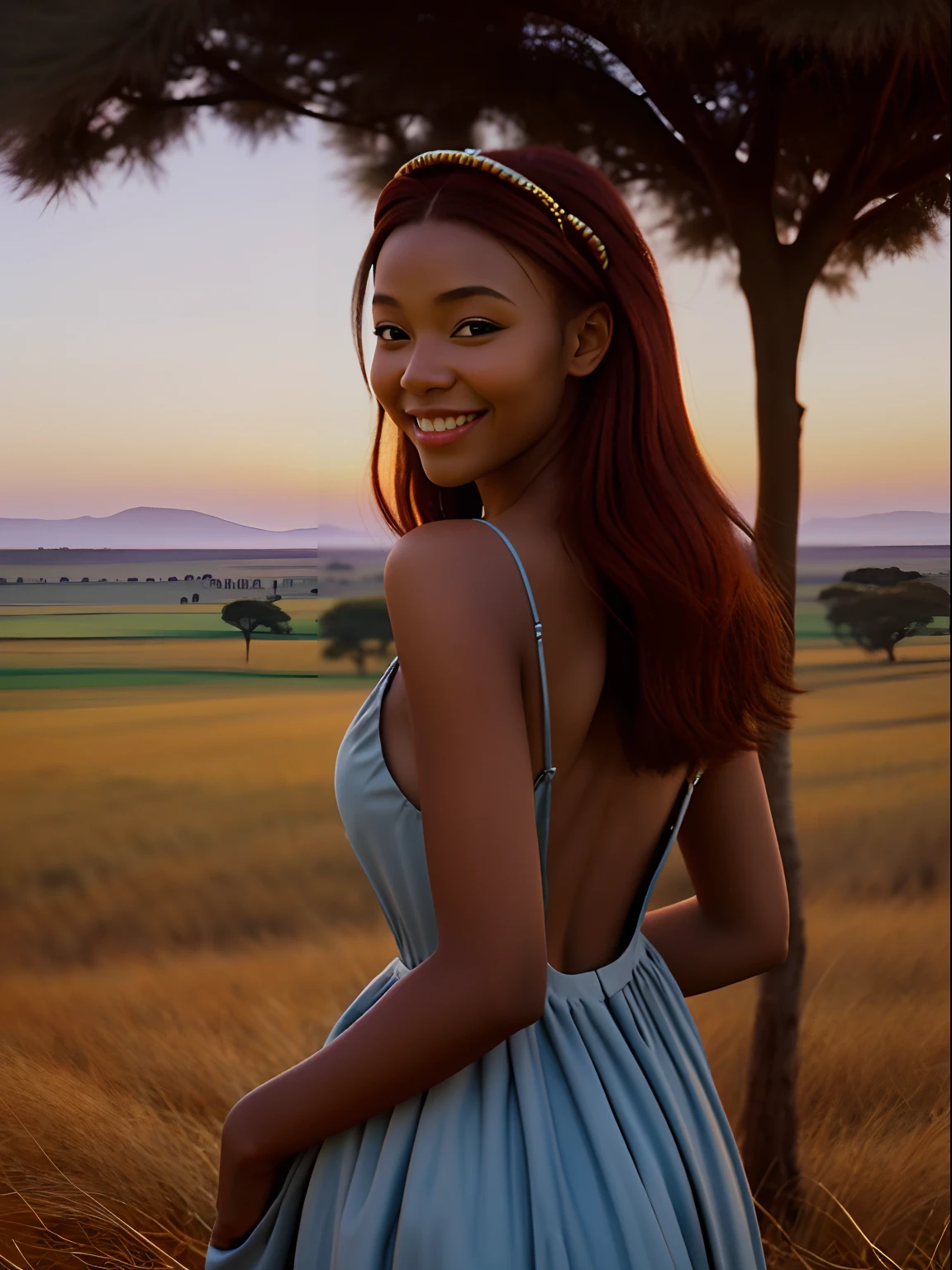 Magical African savannah,In the morning,Very fine and beautiful,The is very detailed,in a panoramic view,1 Smiling girl, Deep V without back, Amazingly detailed,offcial art,A high resolution, softlighting, high high quality, Cinematic lighting, redheadwear, perfectfingers