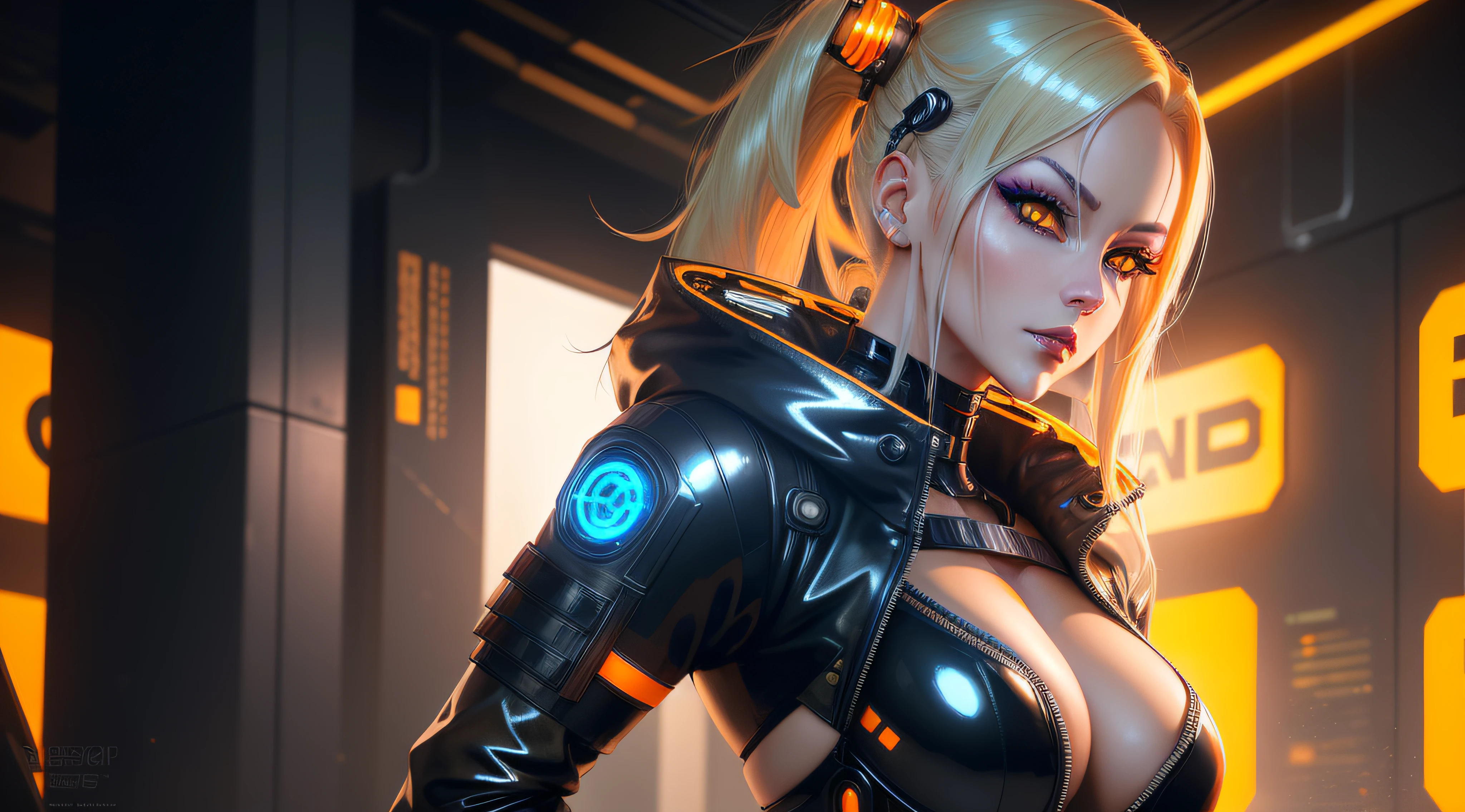 blond woman with orange eyes in black latex outfit posing, cyborg - girl with silver hair, beautiful cyberpunk girl face, portrait beautiful sci - fi girl, attractive sci - fi face, beautiful cyberpunk woman model, hyper-realistic cyberpunk style, metal and glowing eyes, with glowing yellow eyes, wlop glossy skin, female cyberpunk anime girl, the cyberpunk girl portrait