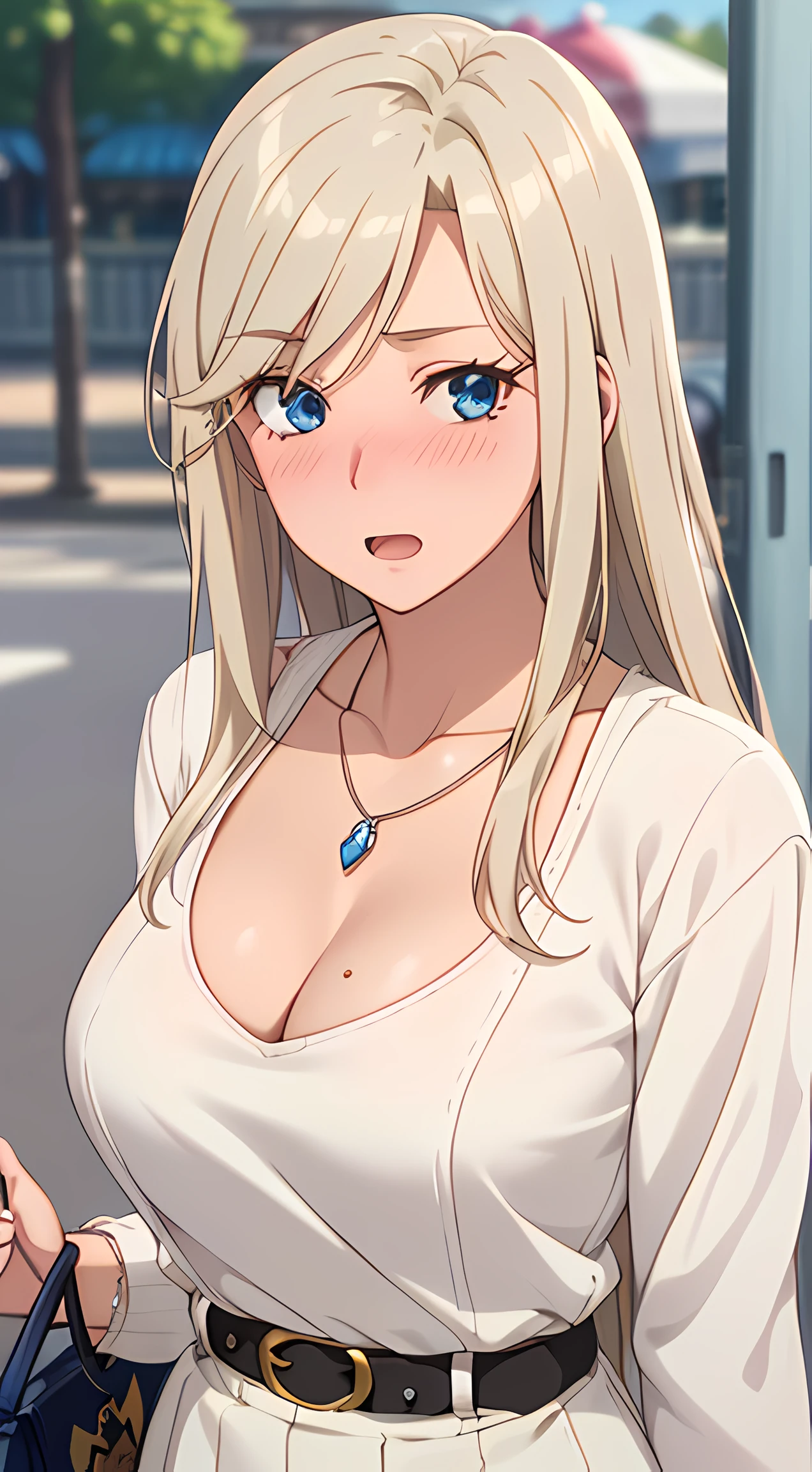 Anime girl with long blonde hair and blue eyes holding a purse - SeaArt AI