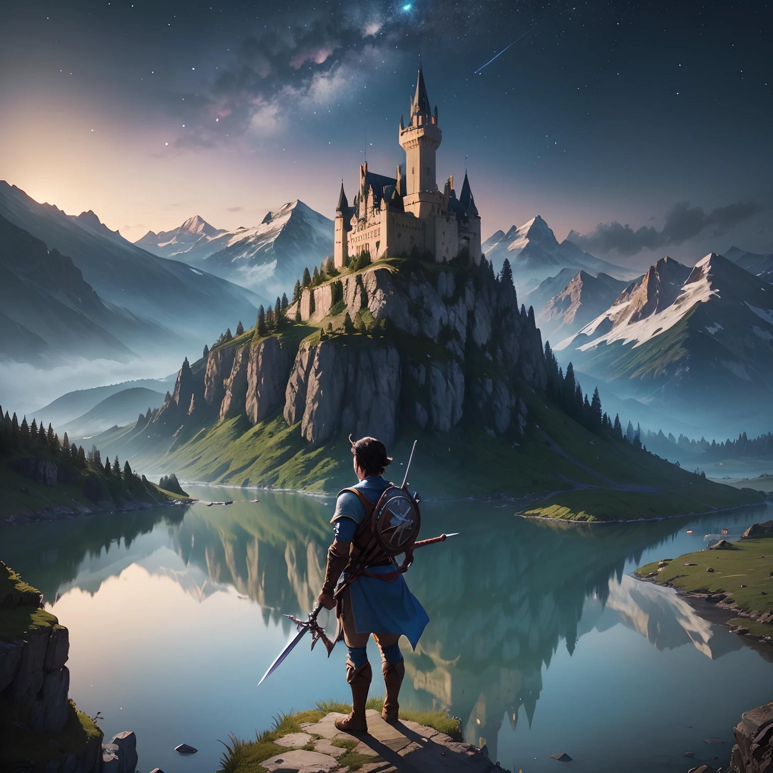 Legend of zelda, male hero holding sword, standing triumphant, dynamic light, mountains, night, stars, moonlight, campfire, reflection lake in background, hyper-realistic, best quality, black hair, medieval, castle on top of mountain in background, cows in background (herd of cattle, grazing, horns, bull)