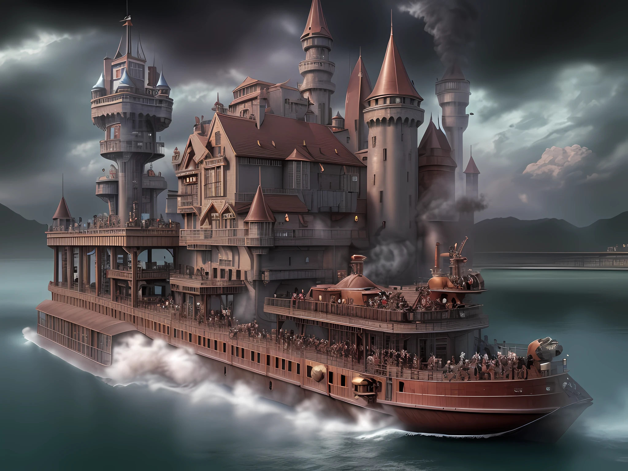 a long shot (picture: 1.3) of a steampunk castle moving on (motorized steam boat: 1.3) on the river, steampunk castle, state of the art, (military thinking, ready for combat: 1.3) with (turrets: 1.1), (towers:1.1), (bridges between towers:1.2), (big barbican:1.1), (canons on the walls: 1.3), wide ricer background, motorized steam boat,  platform, (castle on the platform:1.3) huge epic steam boat carrying the castle, photorealistic, 16k, RAW, award winning, (best detailed: 1.5), masterpiece, best quality, (ultra detailed), full body, ultra wide shot,