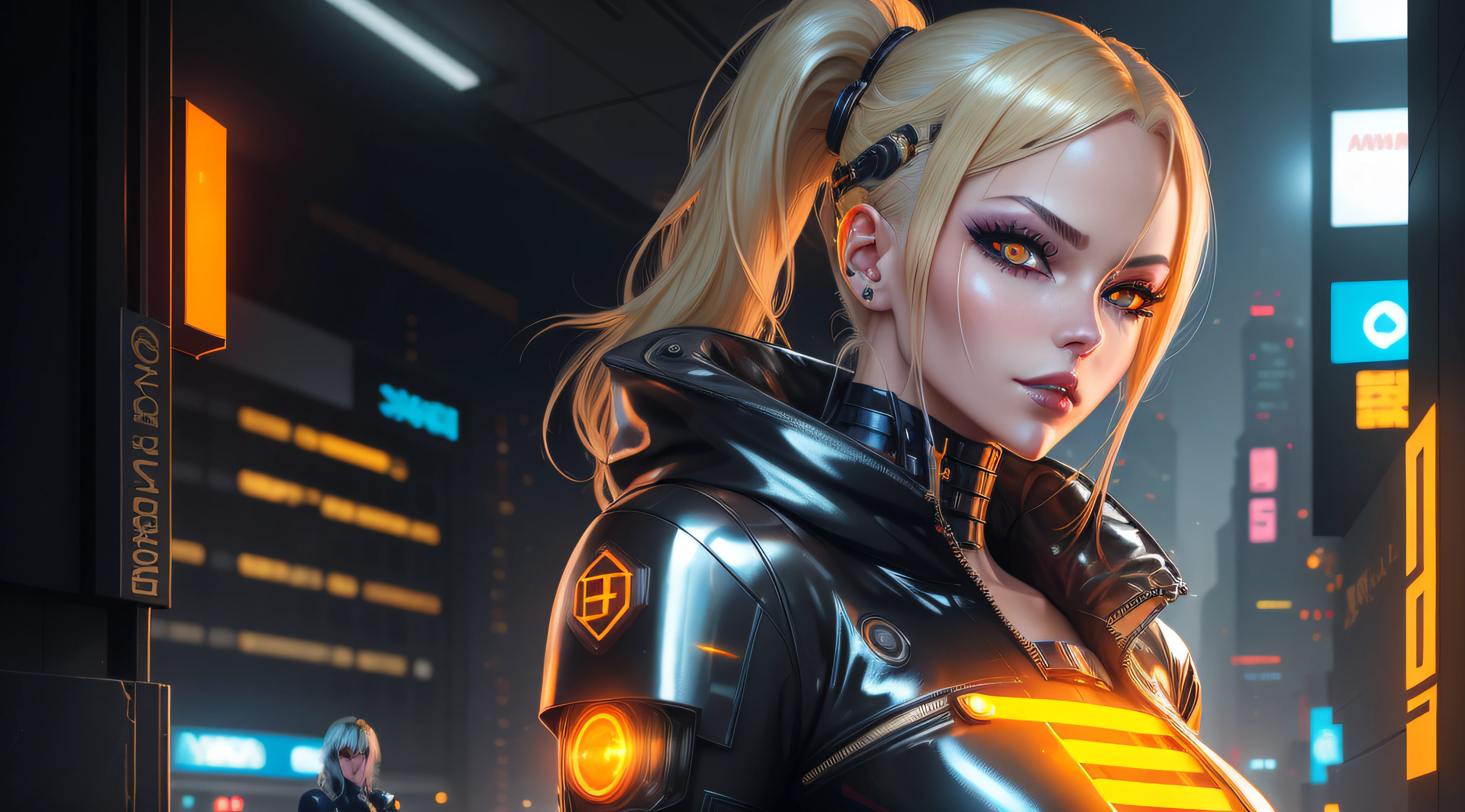 blond woman with orange eyes in black latex outfit posing, cyborg - girl with silver hair, beautiful cyberpunk girl face, portrait beautiful sci - fi girl, attractive sci - fi face, beautiful cyberpunk woman model, hyper-realistic cyberpunk style, metal and glowing eyes, with glowing yellow eyes, wlop glossy skin, female cyberpunk anime girl, the cyberpunk girl portrait