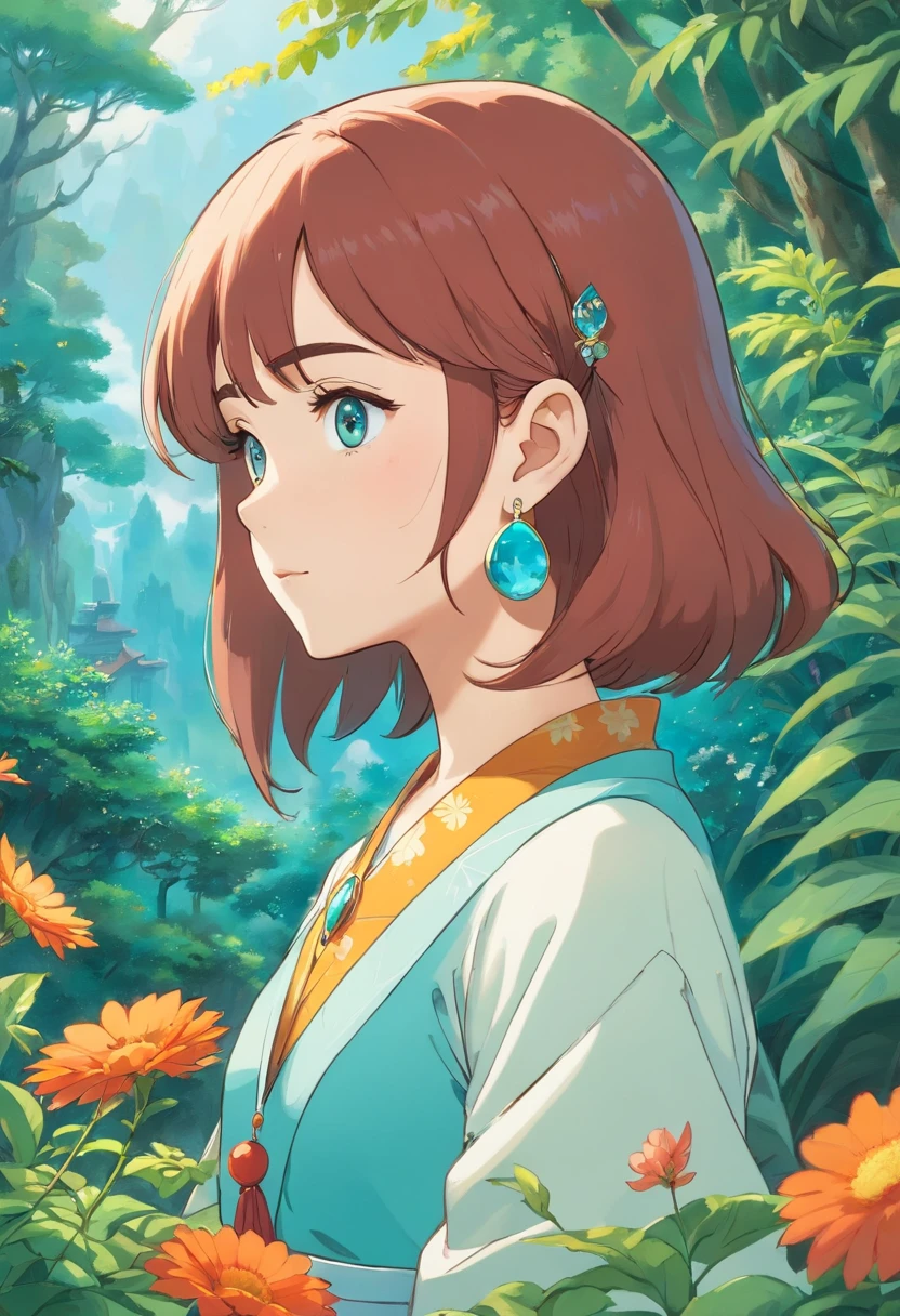 A girl wearing an anime collar, A long necklace and earrings, inthe style of tranquil gardenscapes, colorful animation stills, Masami Teraoka, aquamarine, Paul Gauguin, Amber style, Honest portrayal