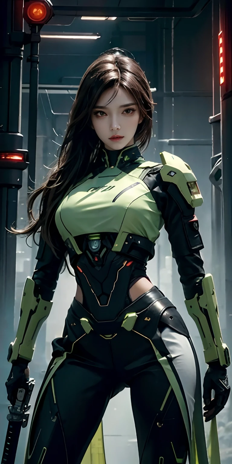 photorealistic, high resolution, soft light,1women, solo, hips up, (detailed face), green long hair, cybersamurai, cyborg, cyberpunk, cyber armor, holding weapon,glowing,gun, space