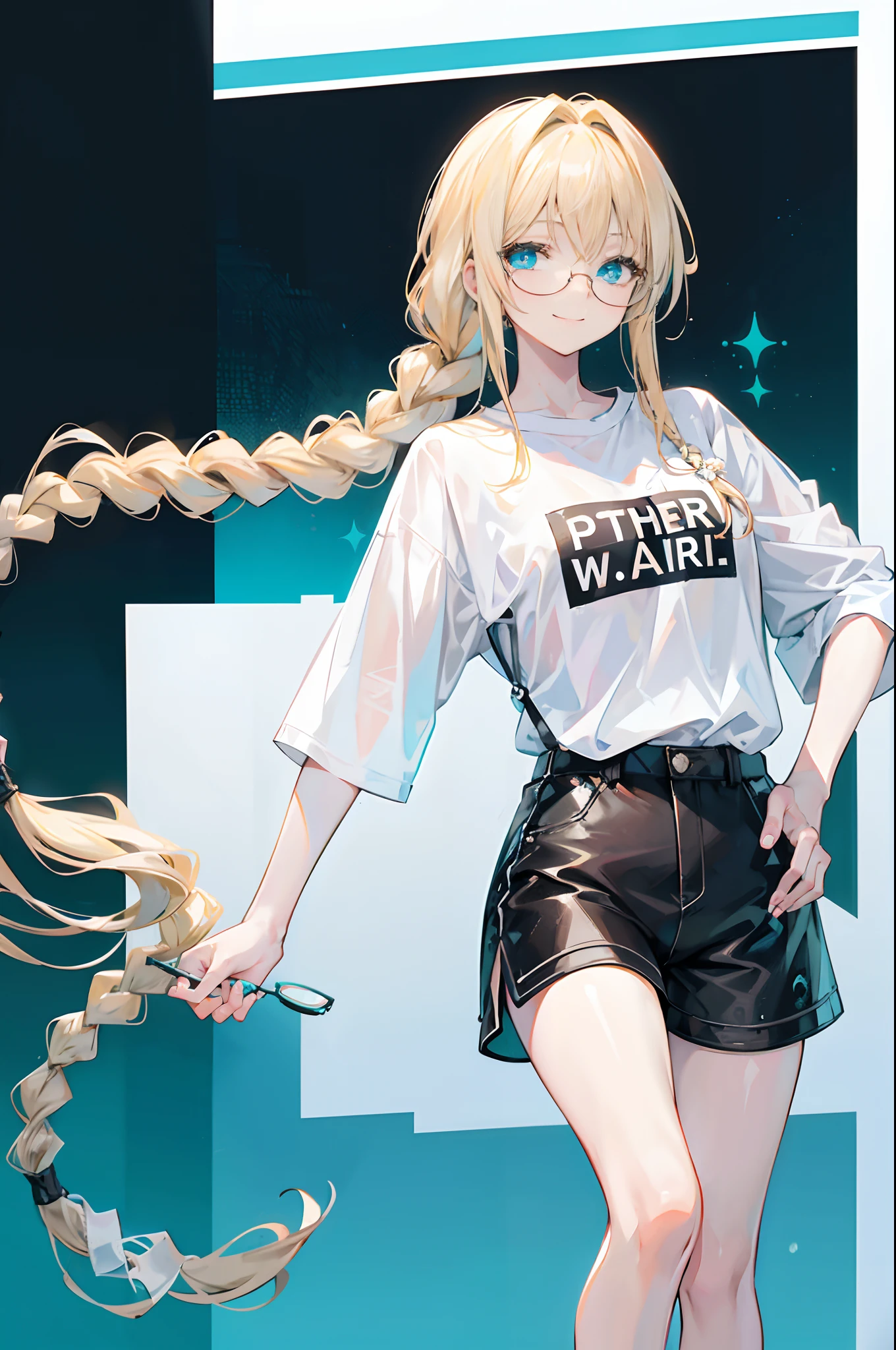 18-year-old blonde, Turquoise eyes, long-haired, Left Braid,.., eyeglasses.. Wear a white shirt.....Black shorts, smiling face.