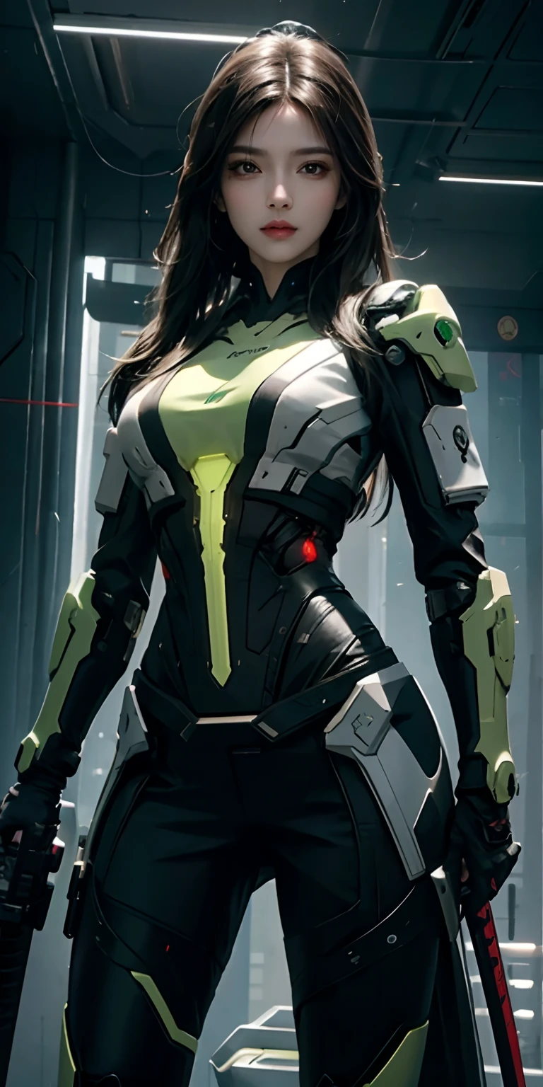 photorealistic, high resolution, soft light,1women, solo, hips up, (detailed face), green long hair, cybersamurai, cyborg, cyberpunk,  cyber armor, holding weapon,glowing,gun, space