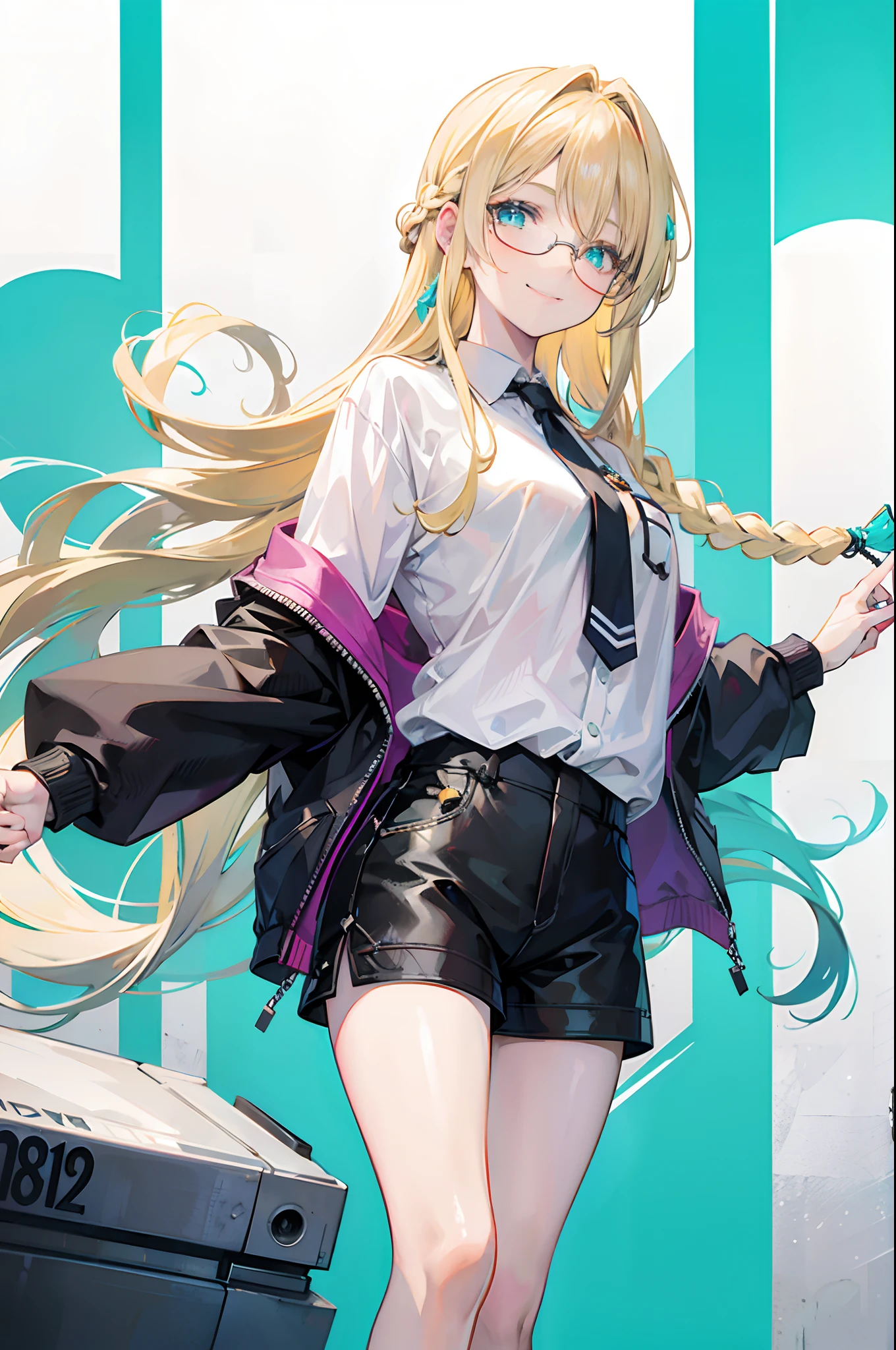 18-year-old blonde, Turquoise eyes, long-haired, Left Braid,.., eyeglasses.. Wear a white shirt.....Black shorts, smiling face.