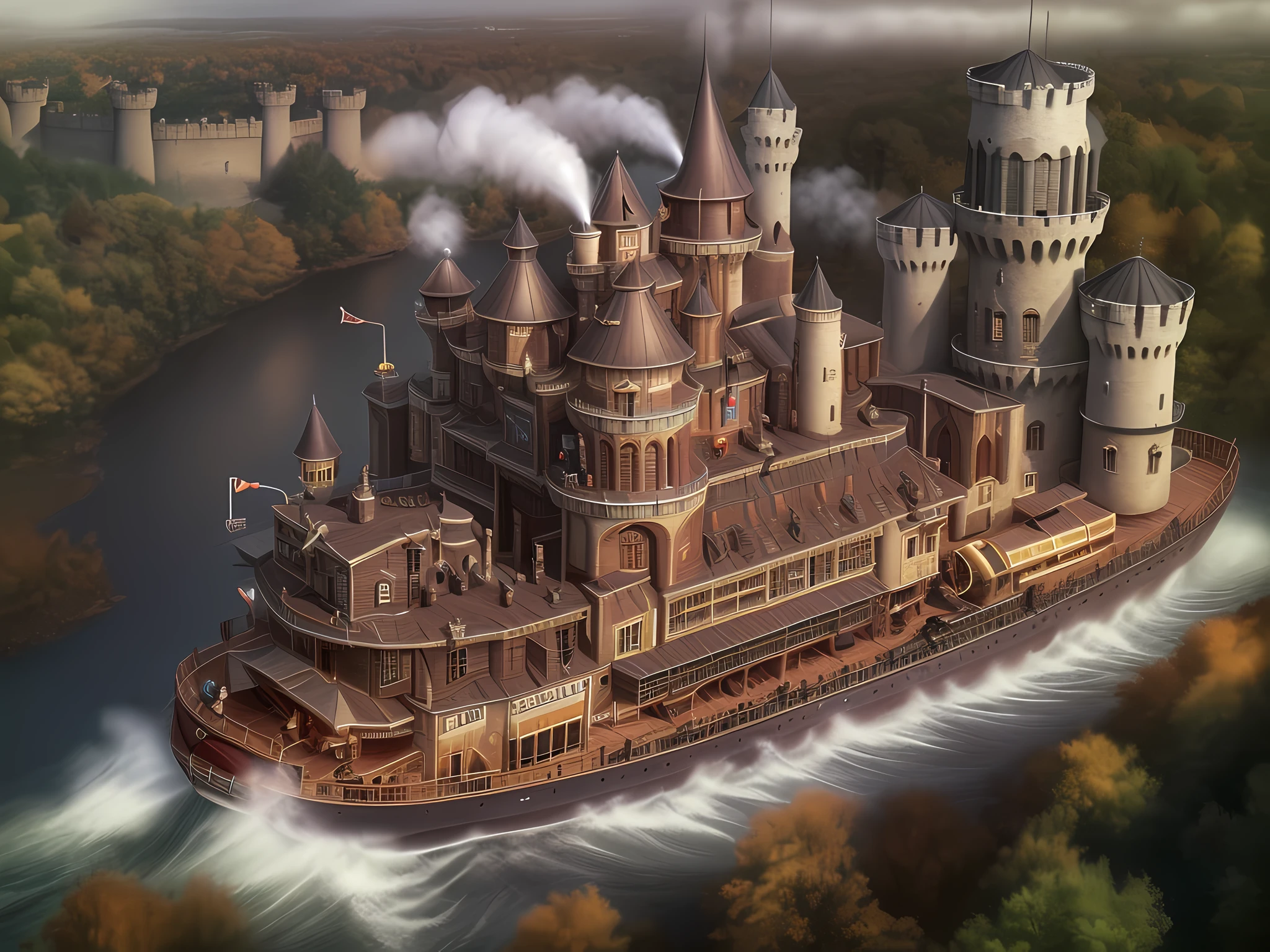 a long shot (picture: 1.3) of a steampunk castle moving on (motorized steam boat: 1.3) on the river, steampunk castle, state of the art, (military thinking, ready for combat: 1.3) with (turrets: 1.1), (towers:1.1), (bridges between towers:1.2), (big barbican:1.1), (canons on the walls: 1.3), wide ricer background, motorized steam boat,  platform, (castle on the platform:1.3) huge epic steam boat carrying the castle, photorealistic, 16k, RAW, award winning, (best detailed: 1.5), masterpiece, best quality, (ultra detailed), full body, ultra wide shot,