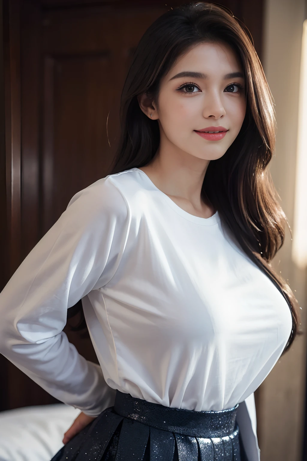 ((Best quality, Masterpiece :1.3)), Photo from the side:1.2, (A pretty woman with perfect figure :1.4), (Slender:1.2), (hands behind one's back:1.2), (long layered hair:1.2), (huge breasts :1.2), (White round-neck shirt :1.3), office wear, (navy blue jacket:1.2), (Long brown flare-skirt:1.3), office background, (Black pantyhose), (Highly detailed face and skin texture:1.2), Detailed eyes, Double eyelid, long eyelashes, glitter eye shadow, glossy lips, shy smile, first-person view, f/2.8, 135mm, Nikon, 8k, anatomically correct, textured skin, high details, best quality, highres, HD, 4K