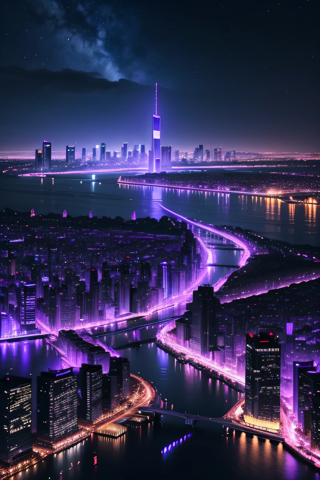 Across the river are brightly lit high-rise buildings and the city,Blue-violet tones,cyber punk style,the night,Pure scenery,No Man